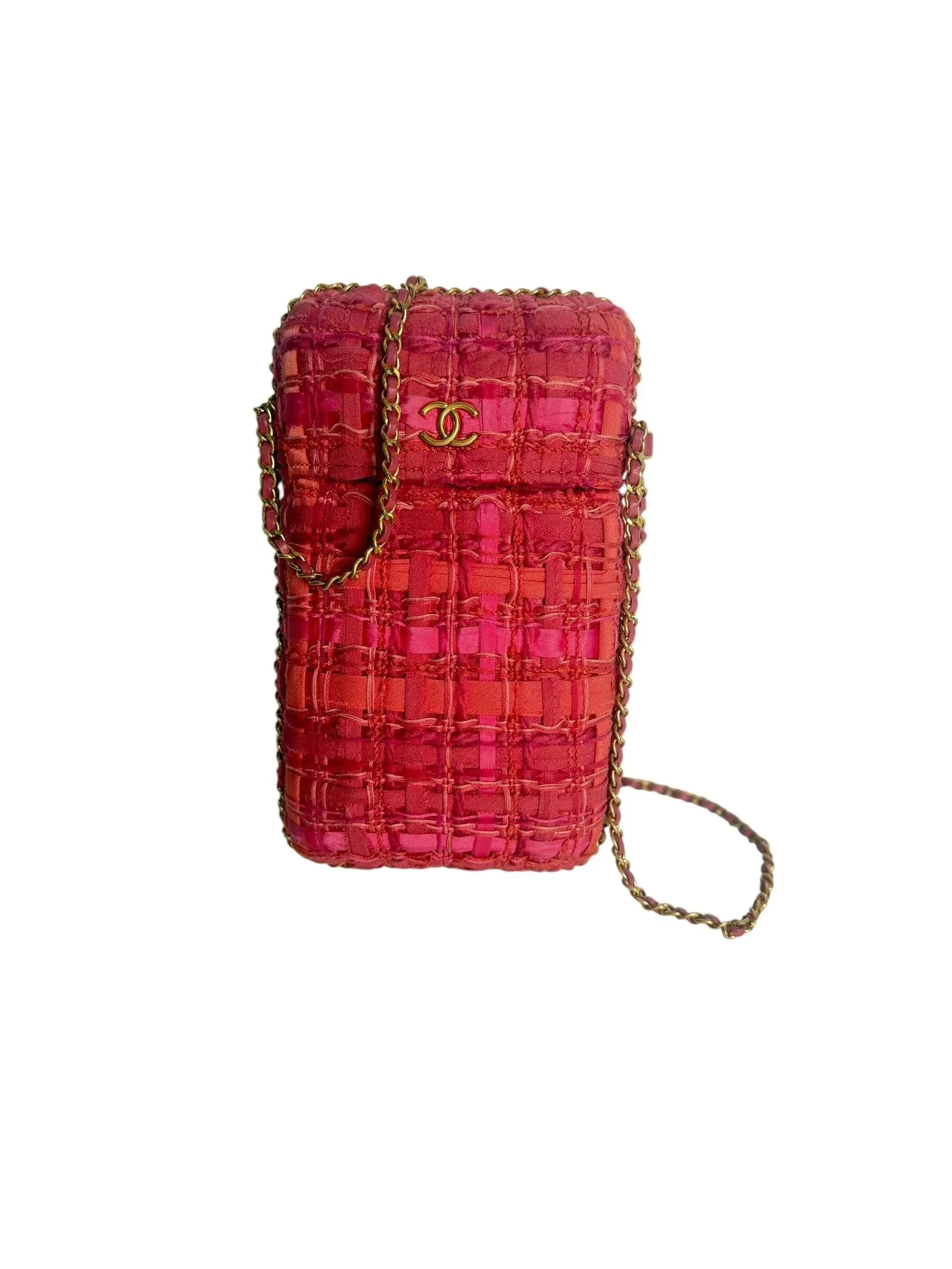 Chanel Pink Tweed Phone Holder Chain Crossbody Bag T7968