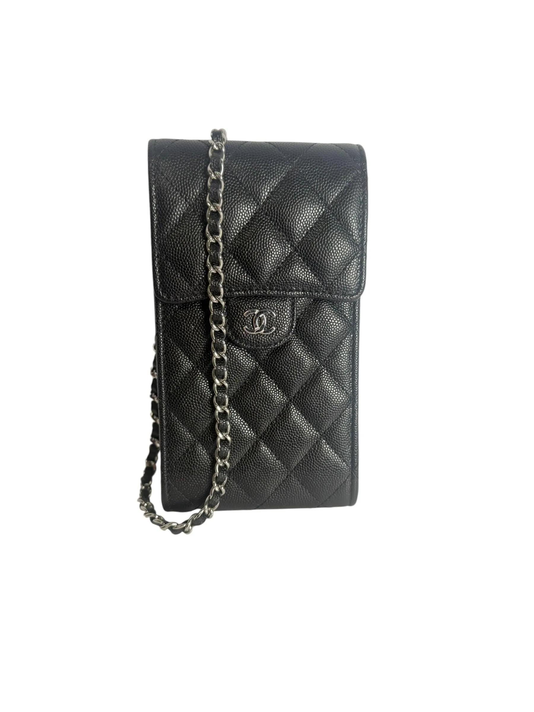 Chanel Black Quilted Caviar Leather Phone Holder Chain Crossbody Bag T8218