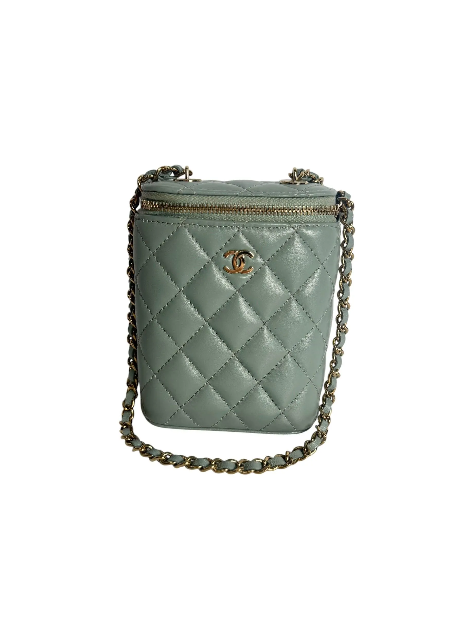 Chanel Light Green Quilted Leather Vanity Phone Holder Chain Bag T8440