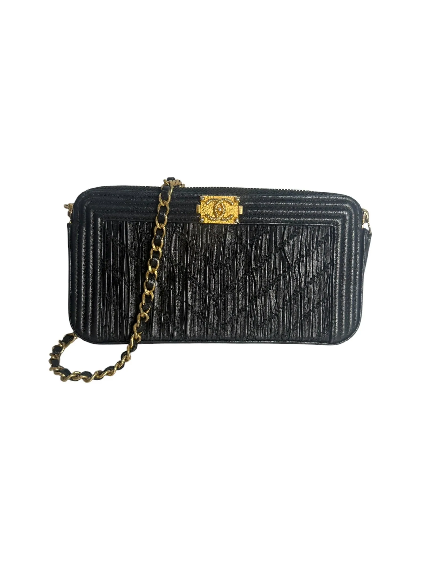 Chanel Black Leather Boy Chain Clutch / Crossbody Bag T7224