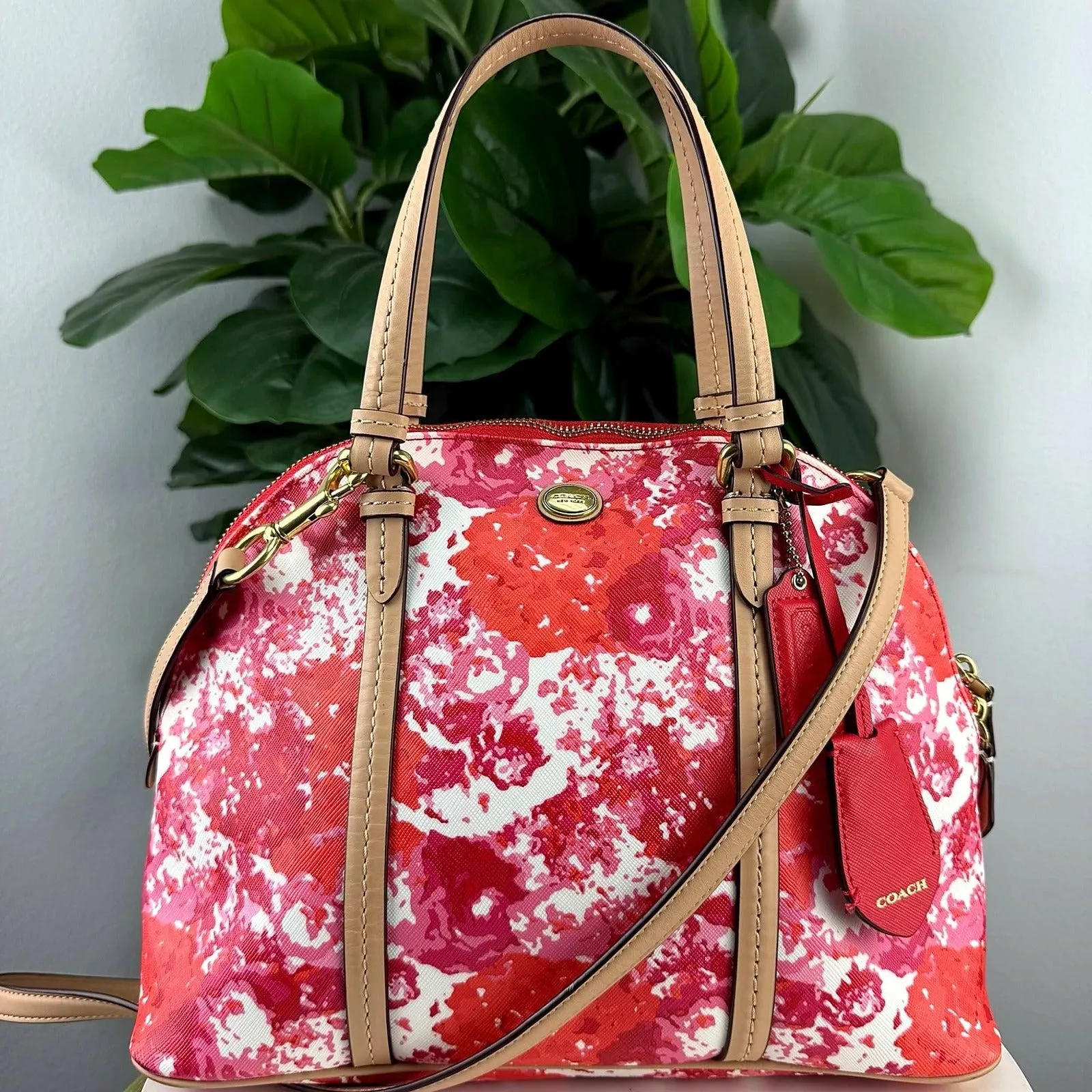 Authentic Coach Red Pink Floral Print Coated Canvas Dome Satchel Bag