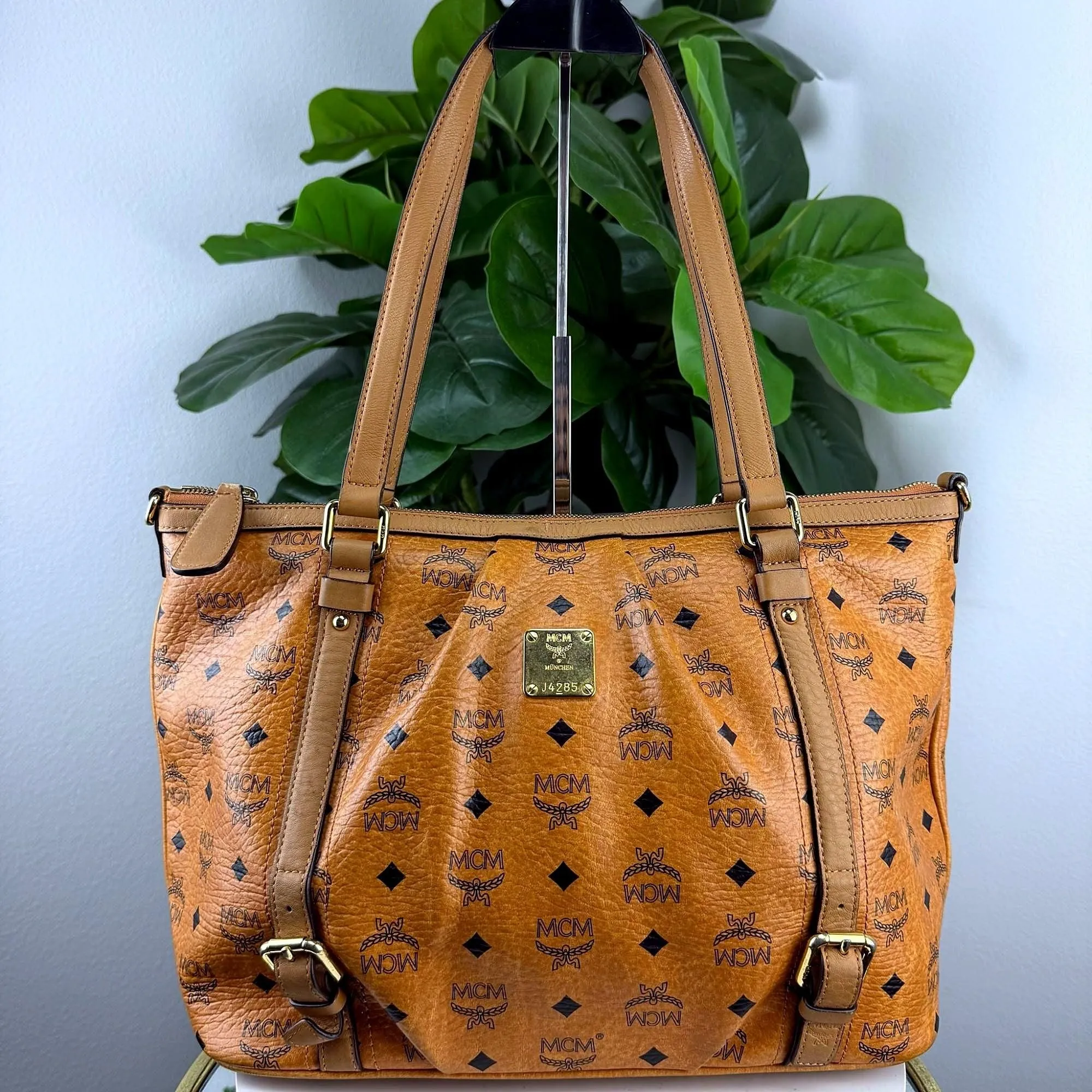 Authentic MCM Cognac Visetos Coated Canvas Tote Bag