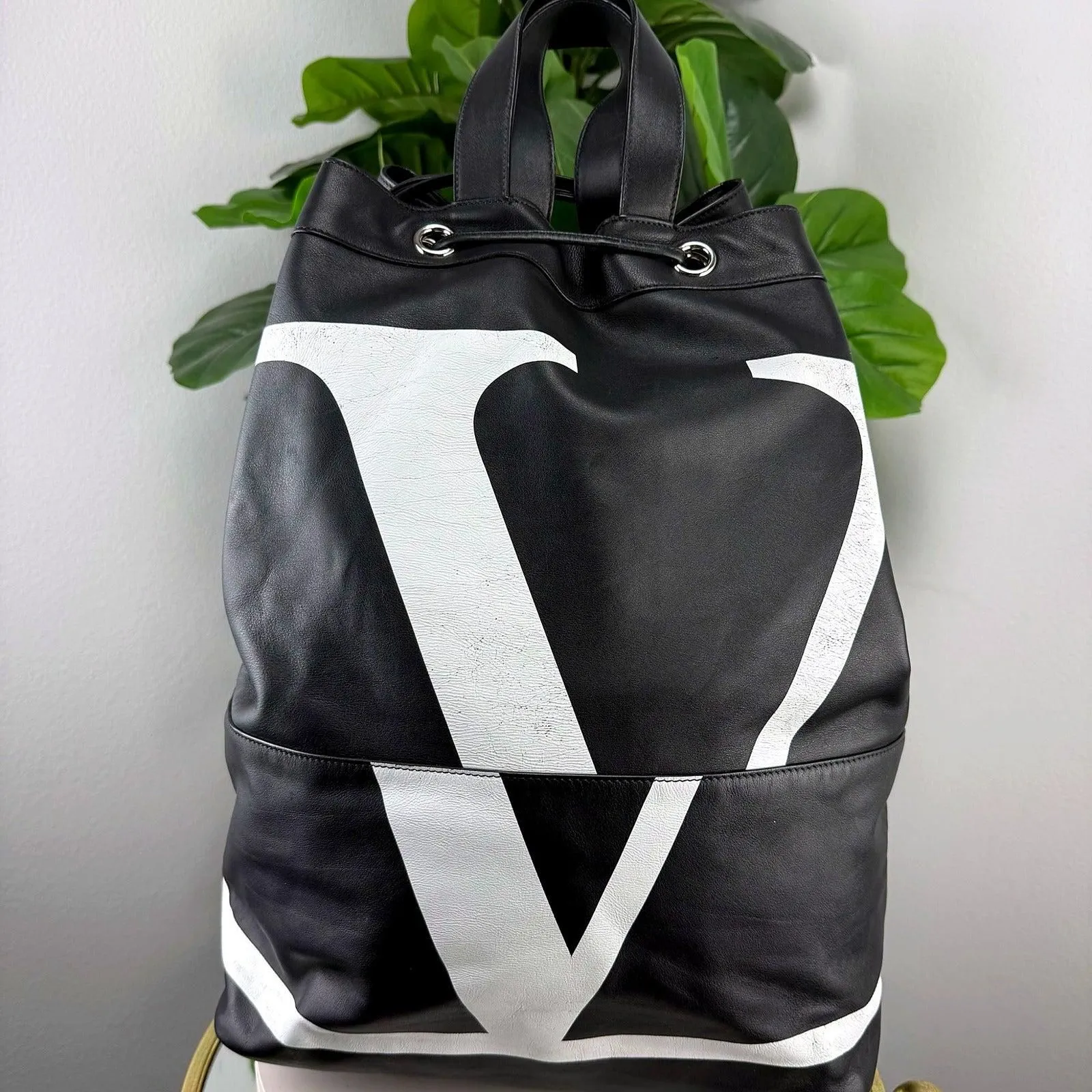 Authentic Valentino Garavani VLTN Black Leather Bucket Backpack