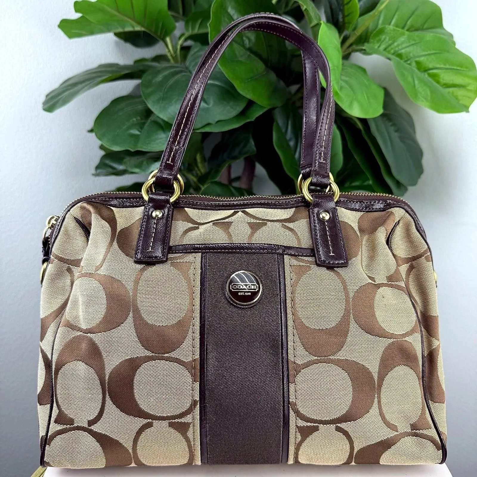 Authentic Coach Tan Signature Jacquard Canvas Satchel with Brown Patent Leather Trim
