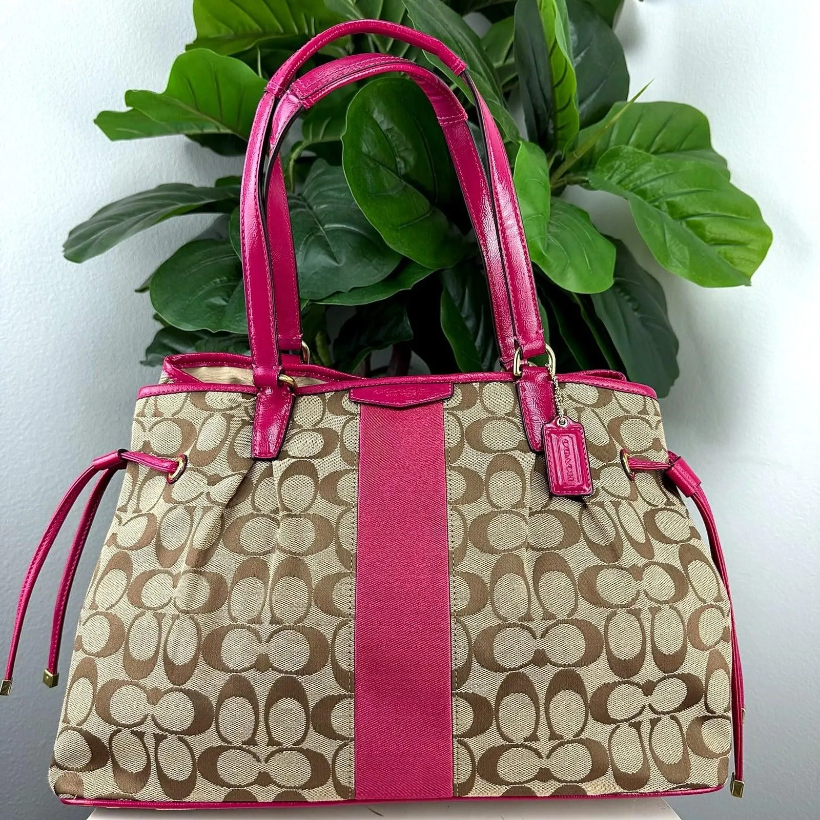 Authentic Coach Tan Signature Jacquard Canvas Tote Bag with Pink Patent Leather Trim