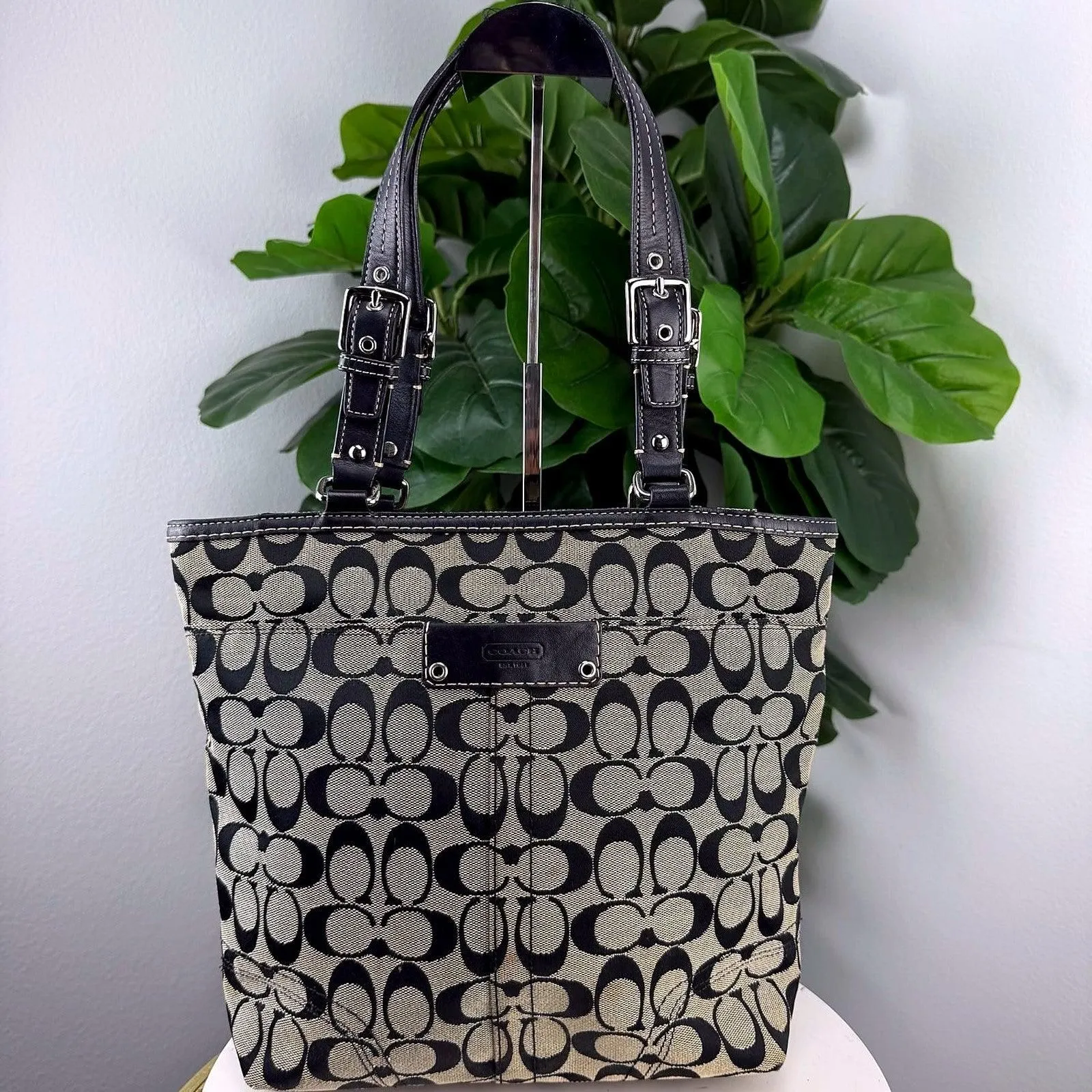 Authentic Coach Black Signature Jacquard Canvas Structured Tote Bag