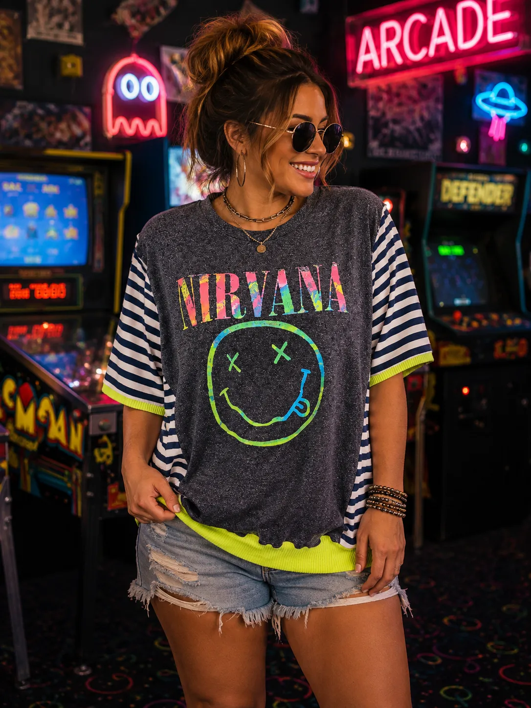 #118 Nirvana Graphic Tee & Striped Sleeve Upcycle with Neon Banded Hem 2X