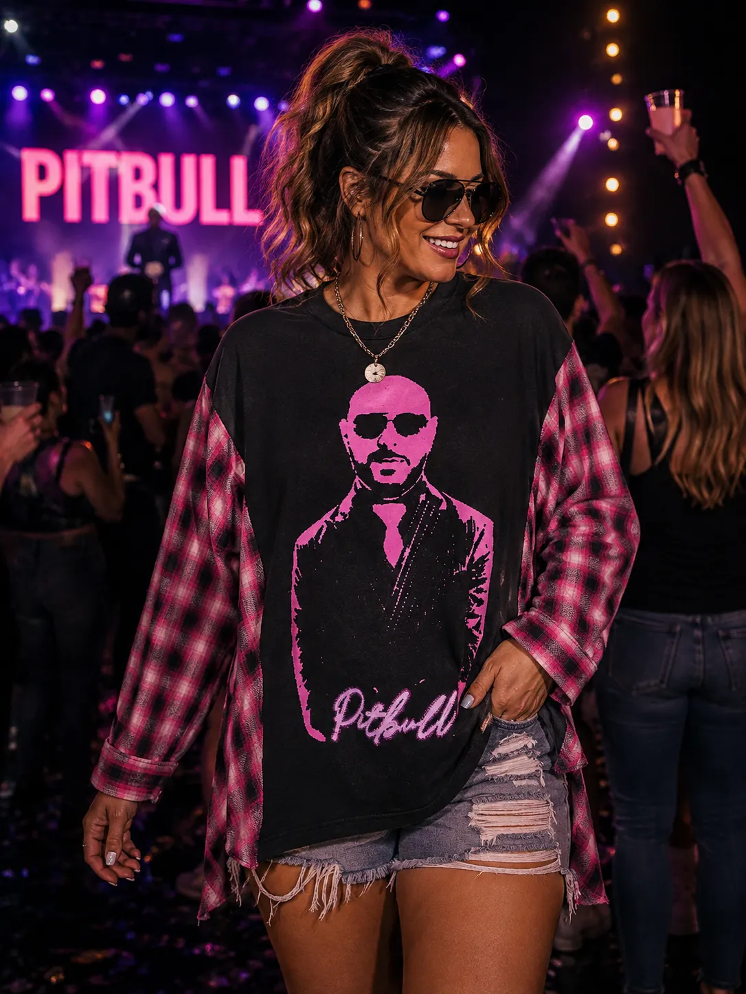 #113 Pitbull Graphic Tee & Pink Plaid Flannel Sleeve Upcycle – Size XL