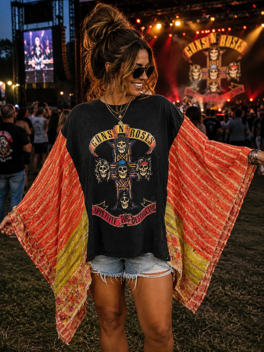 #102 Guns N' Roses Poncho Upcycle with Kantha Sleeves