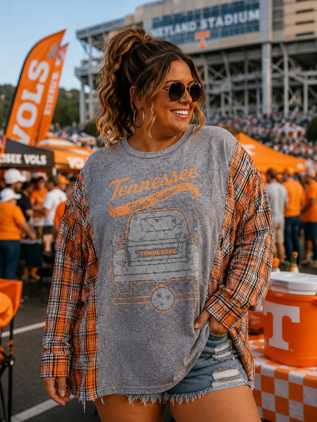 #121 Tennessee Tailgate Tradition Graphic Tee & Plaid Sleeve Upcycle – Size 2/3X