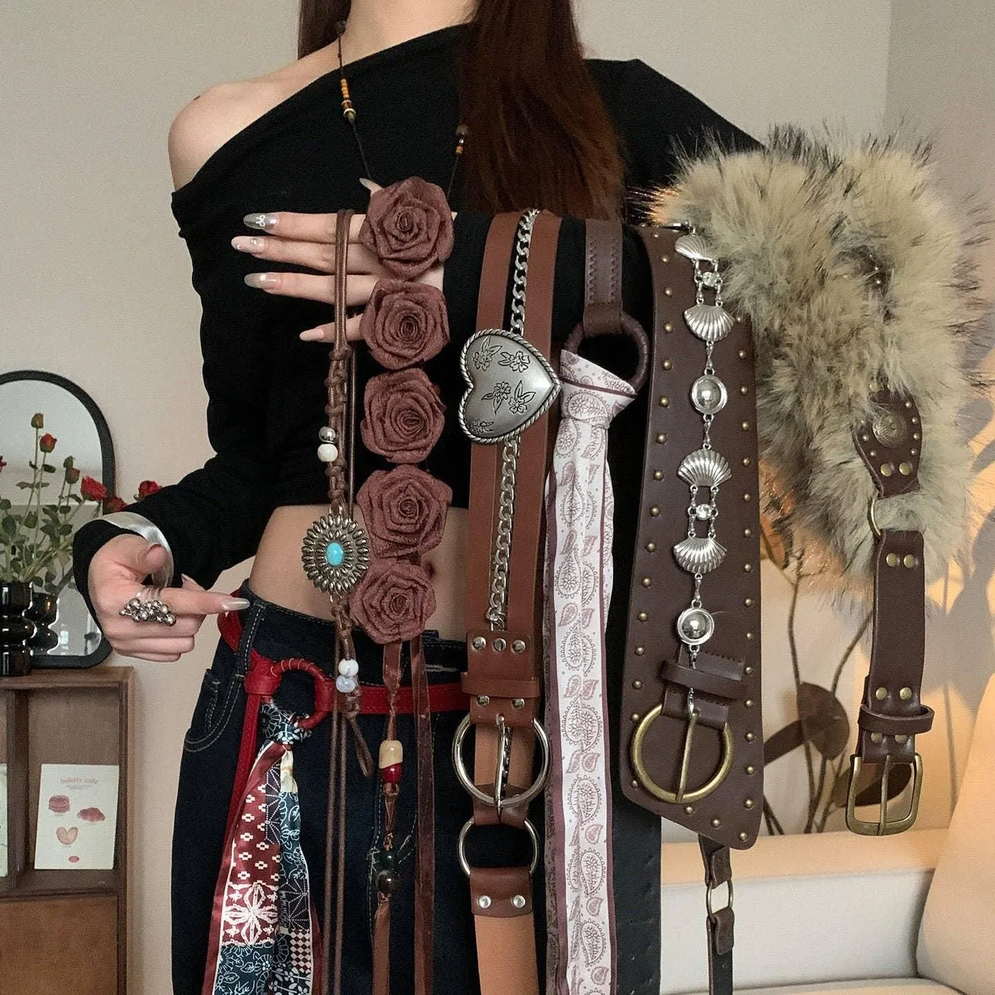 Ekartini - Brown Bohemian Belt With Studs For Women, Wide Leather Waistband