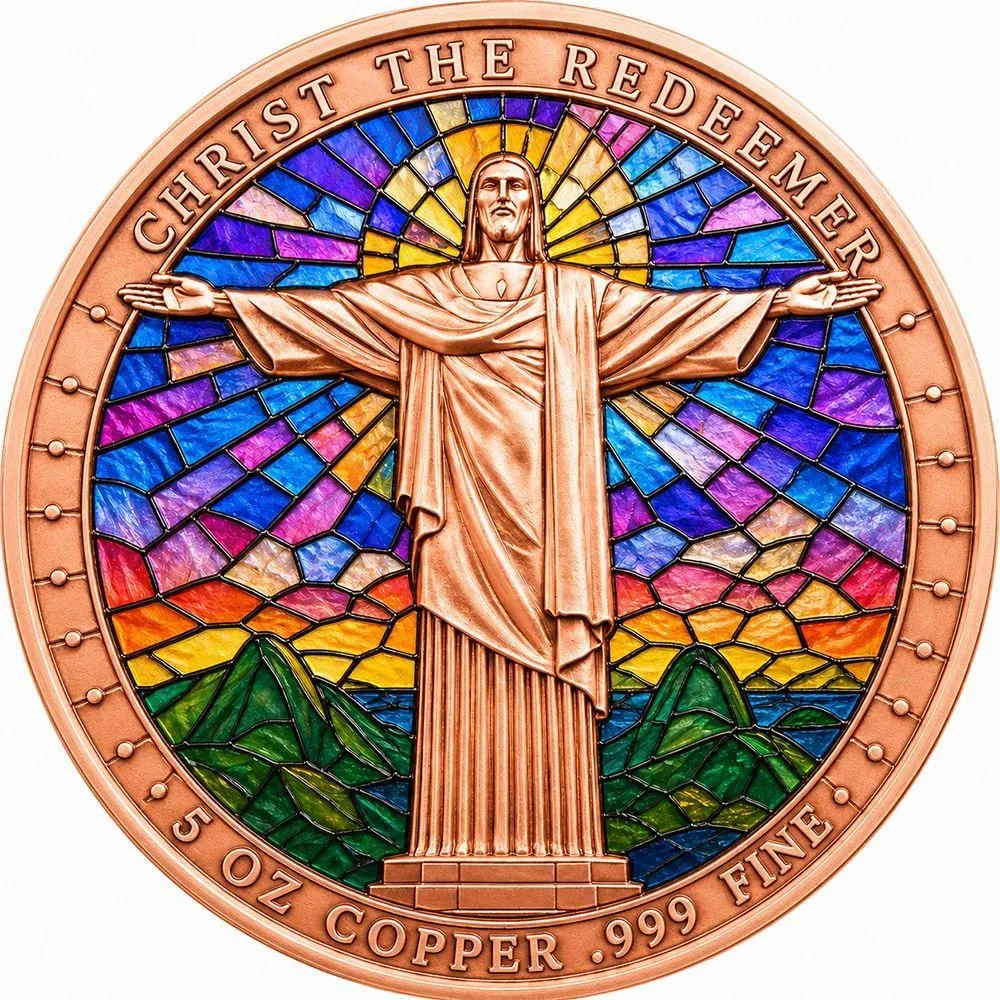 In Stock! Stained Glass Christ the Redeemer Colorized 5 oz Copper Medal