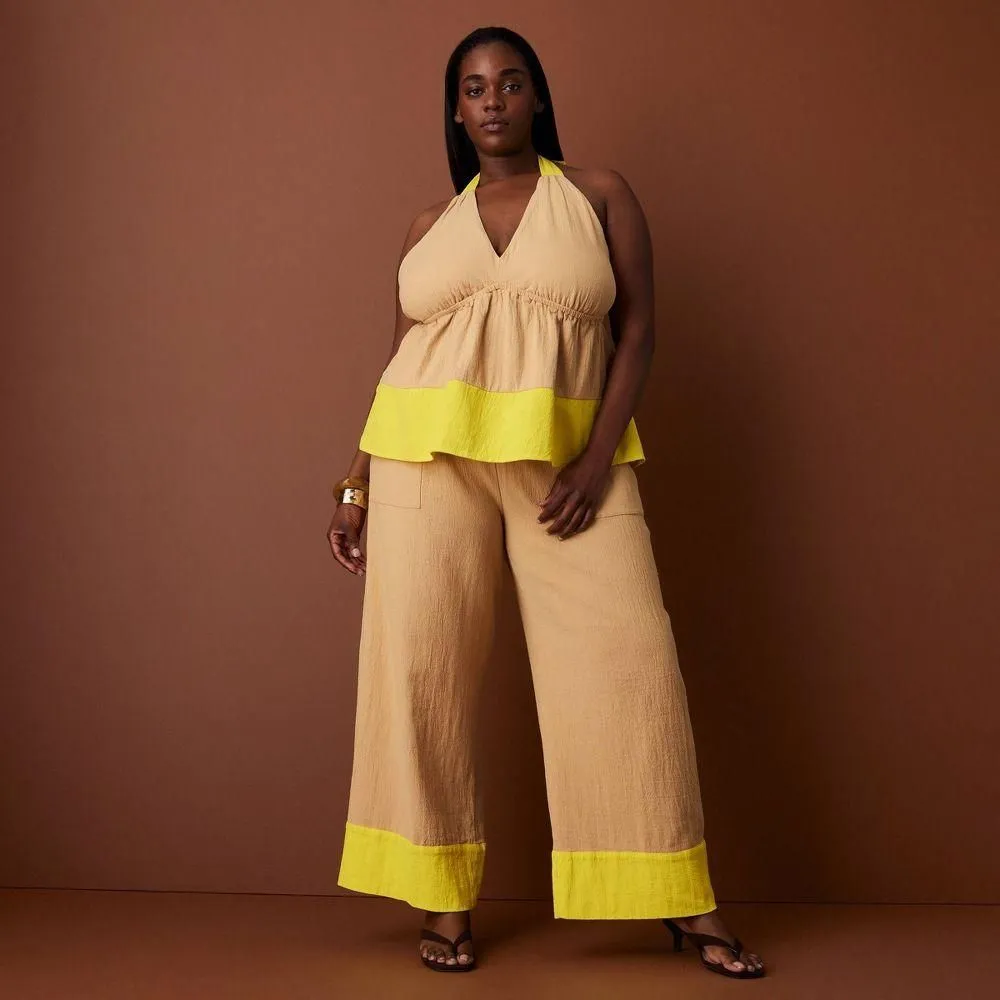New without Tags - Women's Colorblock Drawstring Wide Leg Pants - Rosie Assoulin Khaki/Yellow 2X