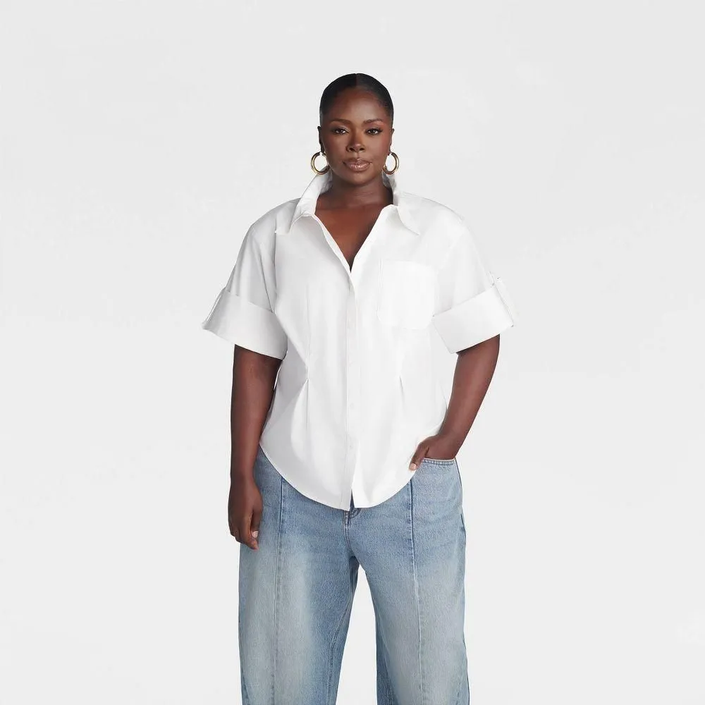 New without Tags - Size: 1X - KBB by KAHLANA Women's Short Sleeve' The Hourglass Button-Down Shirt' - White