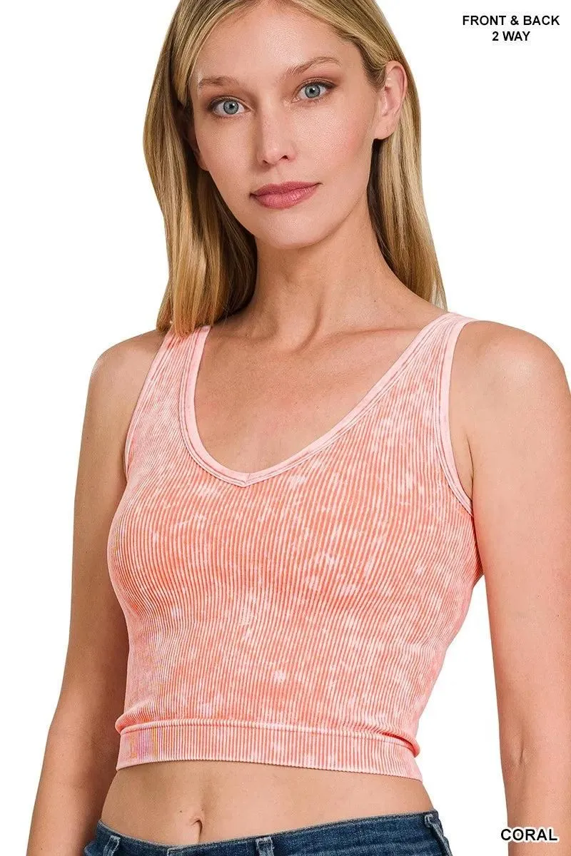 Zenana 2 Way Neckline Washed Ribbed Seamless Tank Top