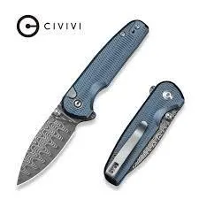 CIVIVI Mini Shakan Knife Ripple Patterned Blue Aluminum Handle (2.48" Damascus Blade) C20052F-DS1