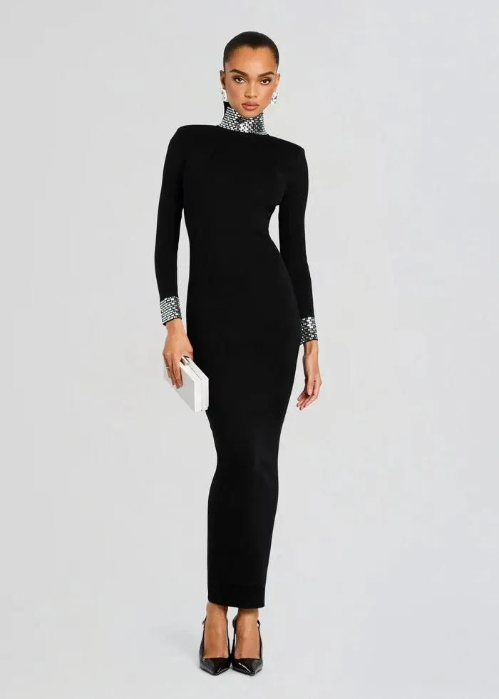 Retrofête Crystal Embellished Mock Neck Maxi Dress – Black | NWT Size Medium