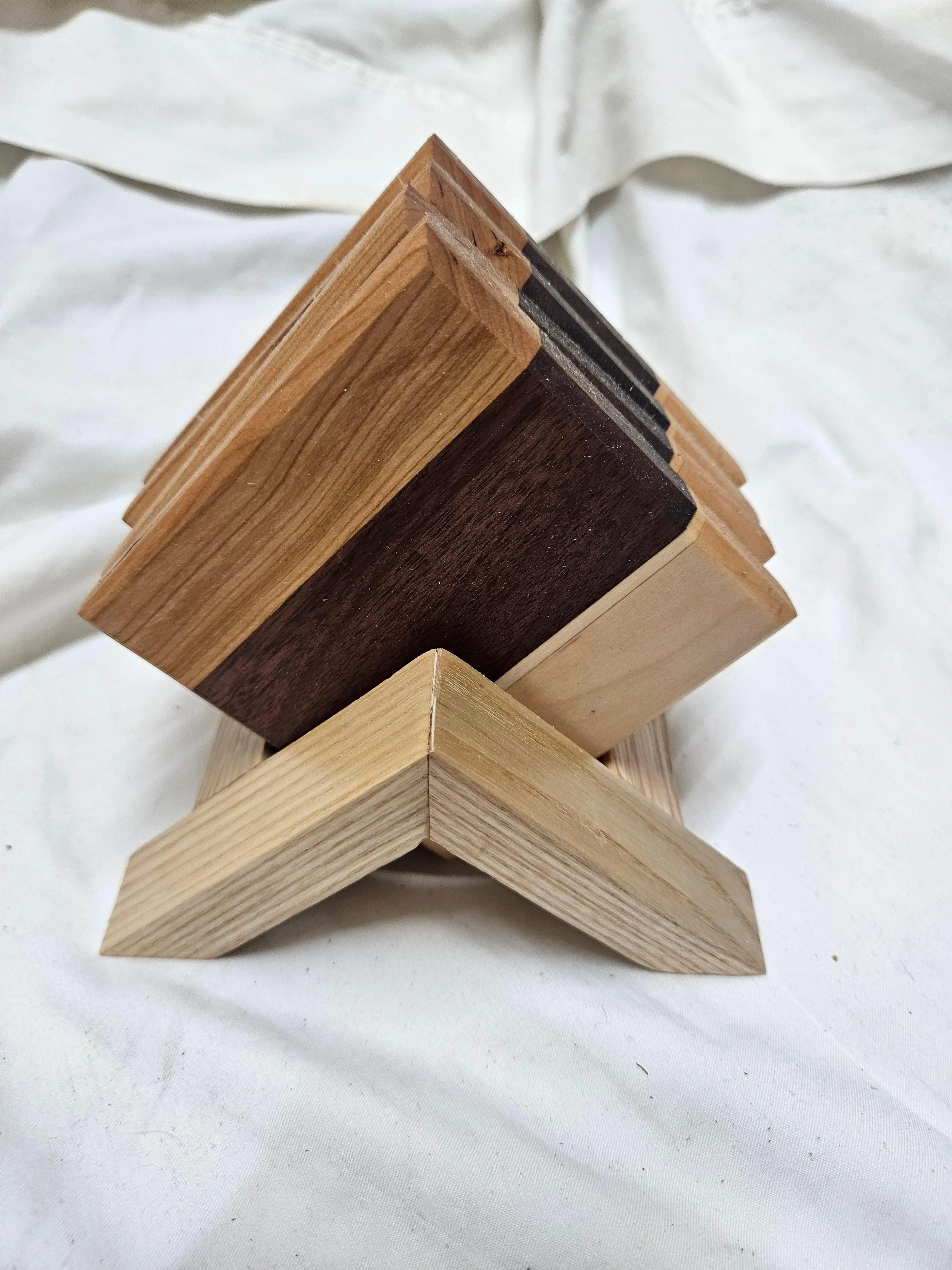 Coaster Set made from hardwoods with Oak Stand, Set of 4