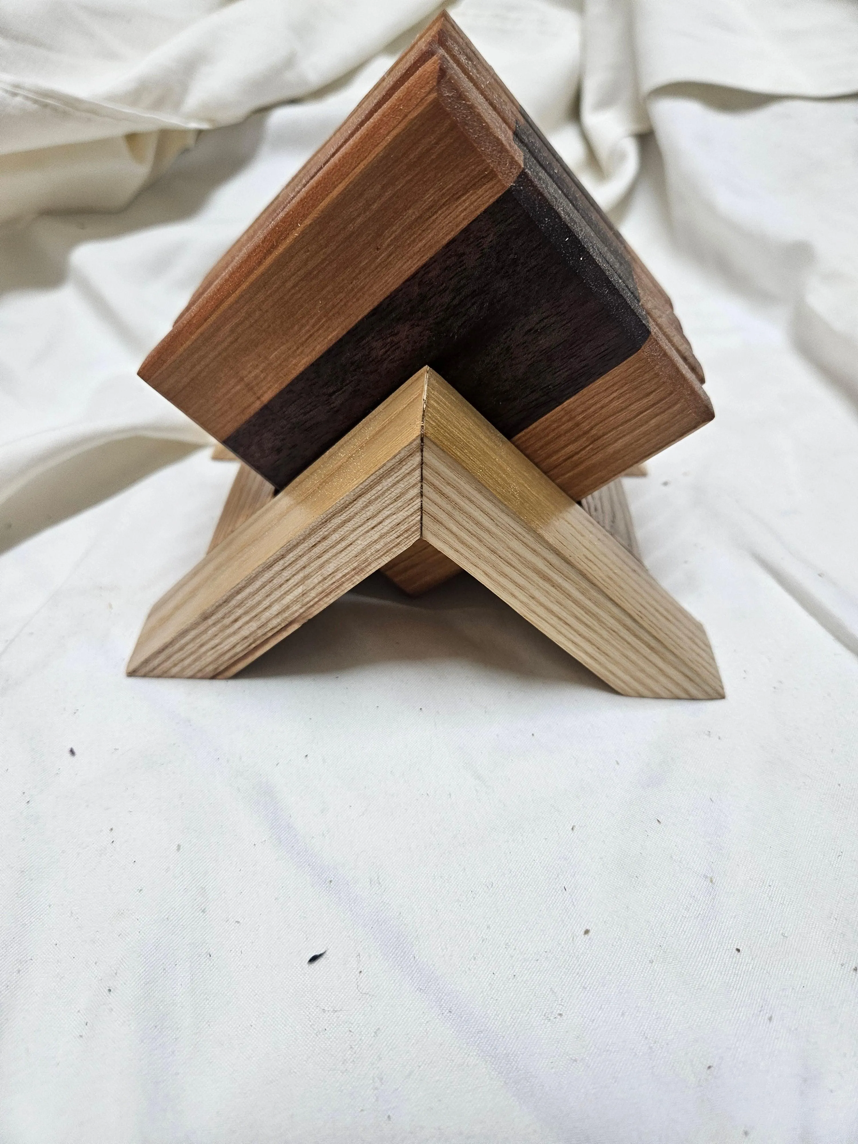 Coaster Set made from hardwoods with Oak Stand, Set of 5