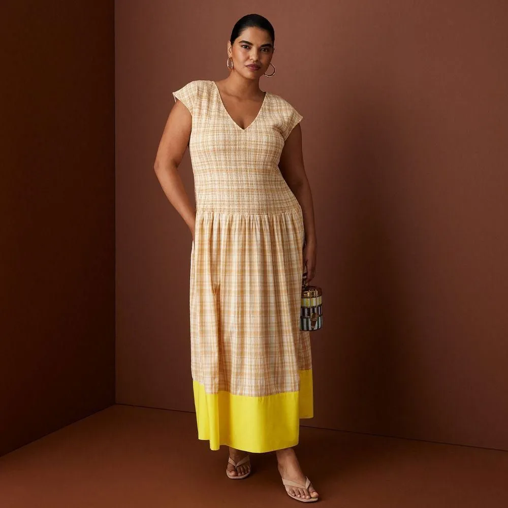 New without Tags - Size: L - Women's Short Sleeve Smocked Gingham Drop Waist Maxi Dress - Rosie Assoulin