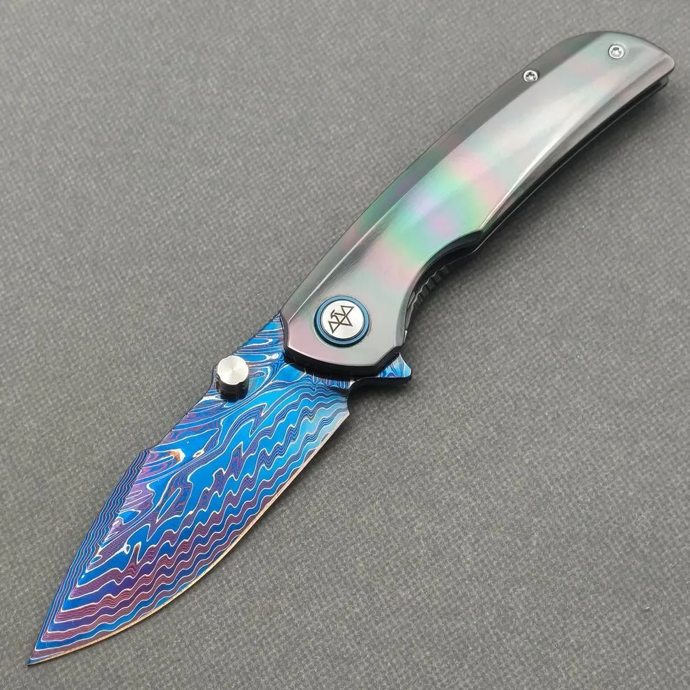 VORIXN "Spectra" (3.7" Damascus Blade) Zirconium Handle Flipper & Thumb Stud Folding Knife - KB127