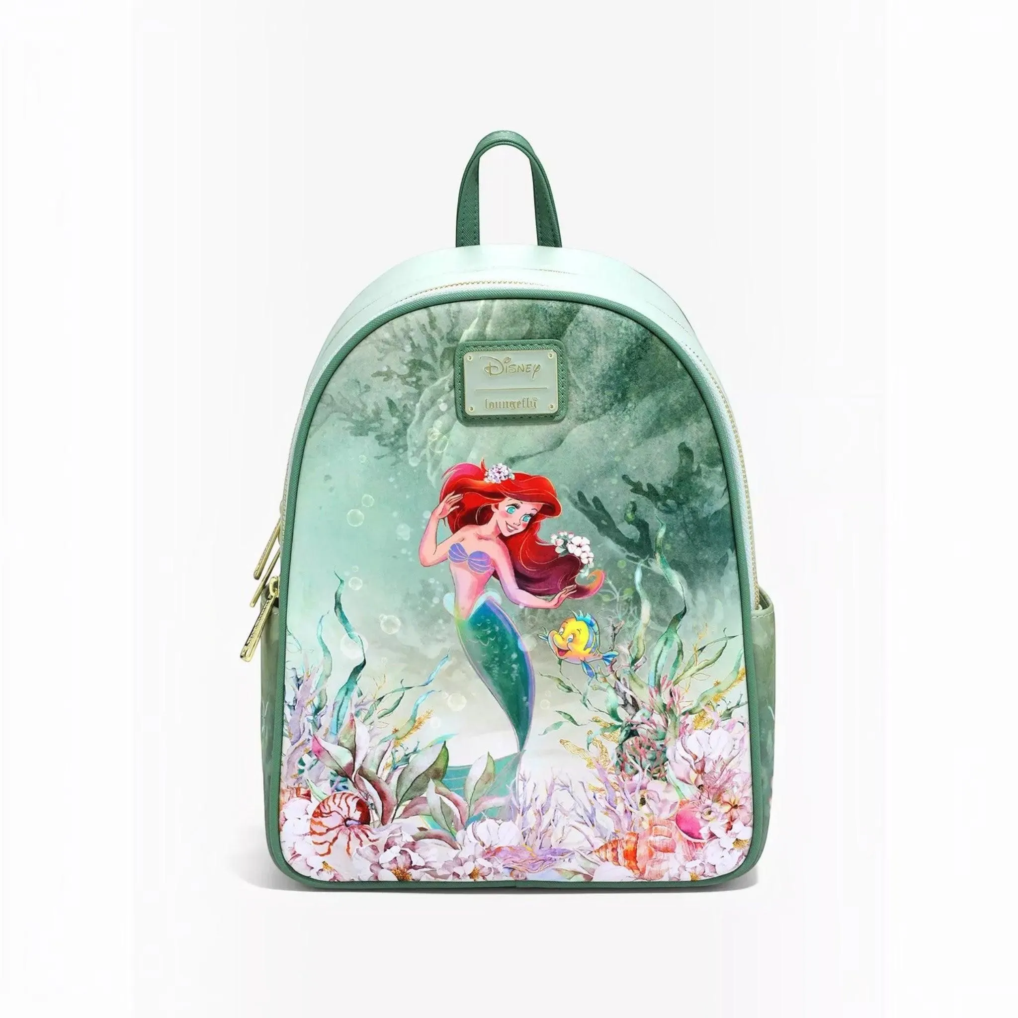 Loungefly Vault Disney The Little Mermaid Ariel and Flounder Green Underwater Mini Backpack