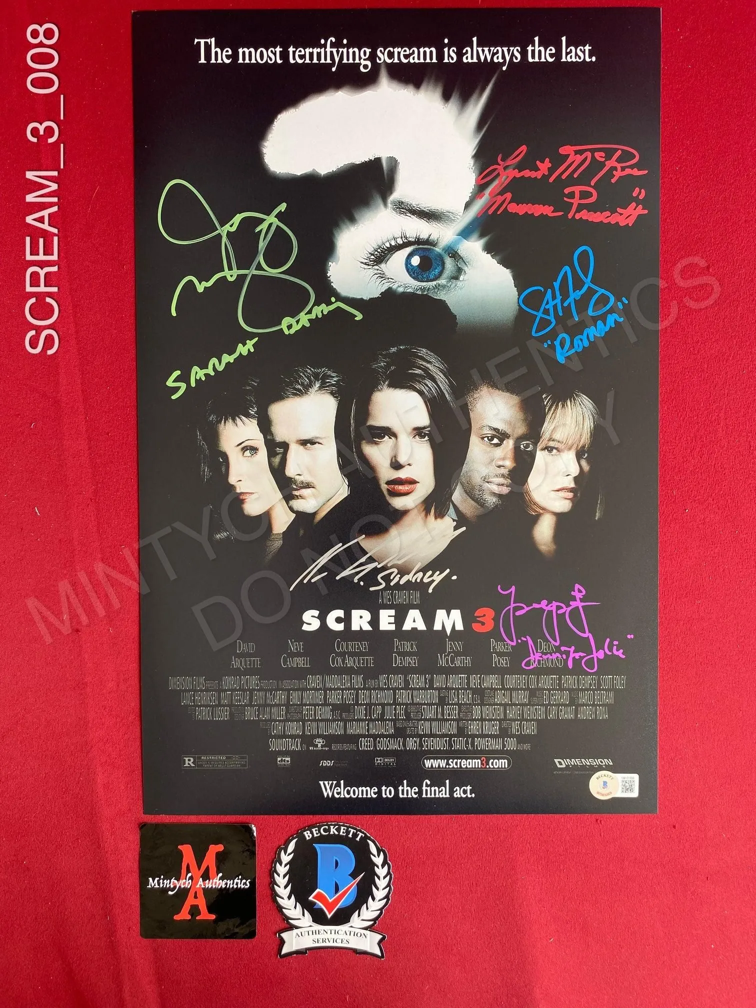 SCREAM_3_008 - 11x17 Scream 3 Photo Autographed By Neve Campbell, Scott Foley, Parker Posey, Jenny McCarthy & Lynn McRee