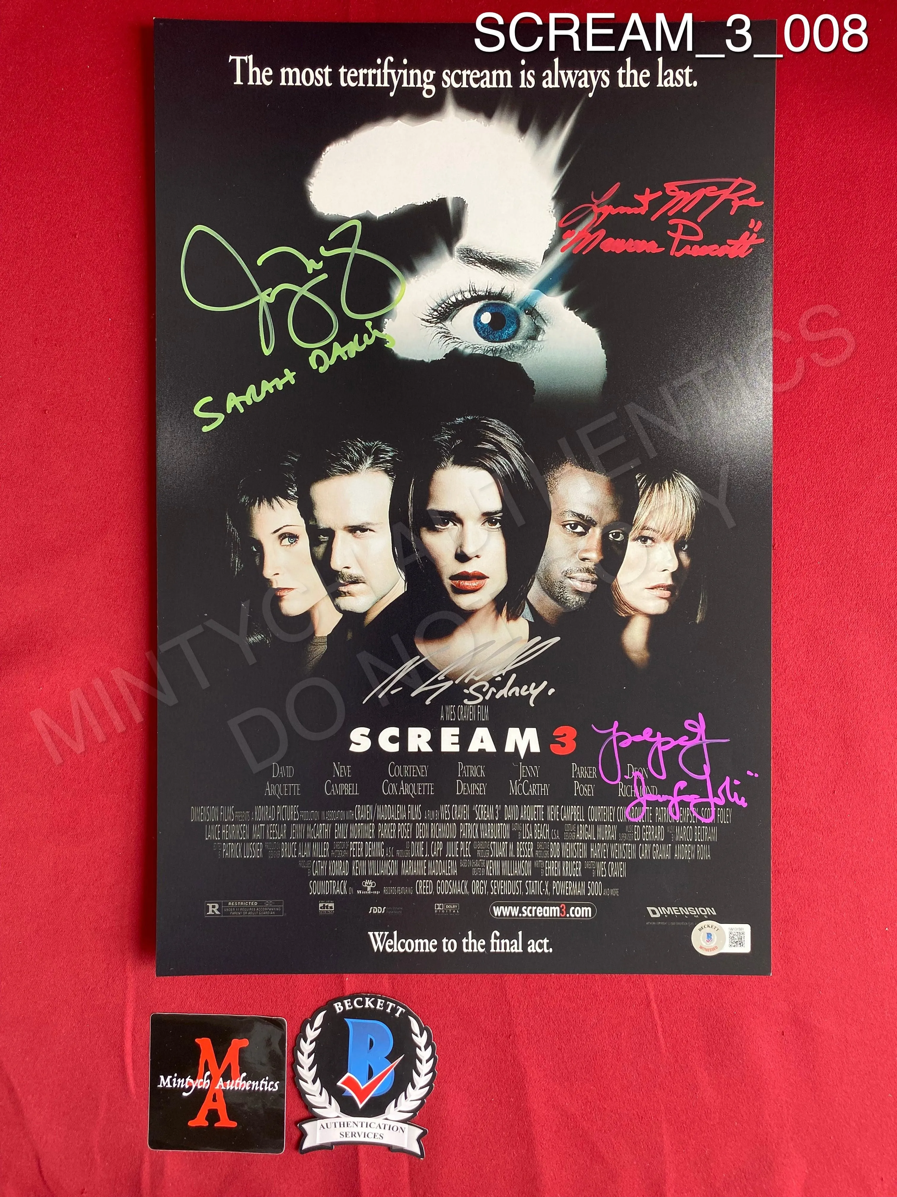 SCREAM_3_008 - 11x17 Scream 3 Photo Autographed By Neve Campbell, Scott Foley, Parker Posey, Jenny McCarthy & Lynn McRee