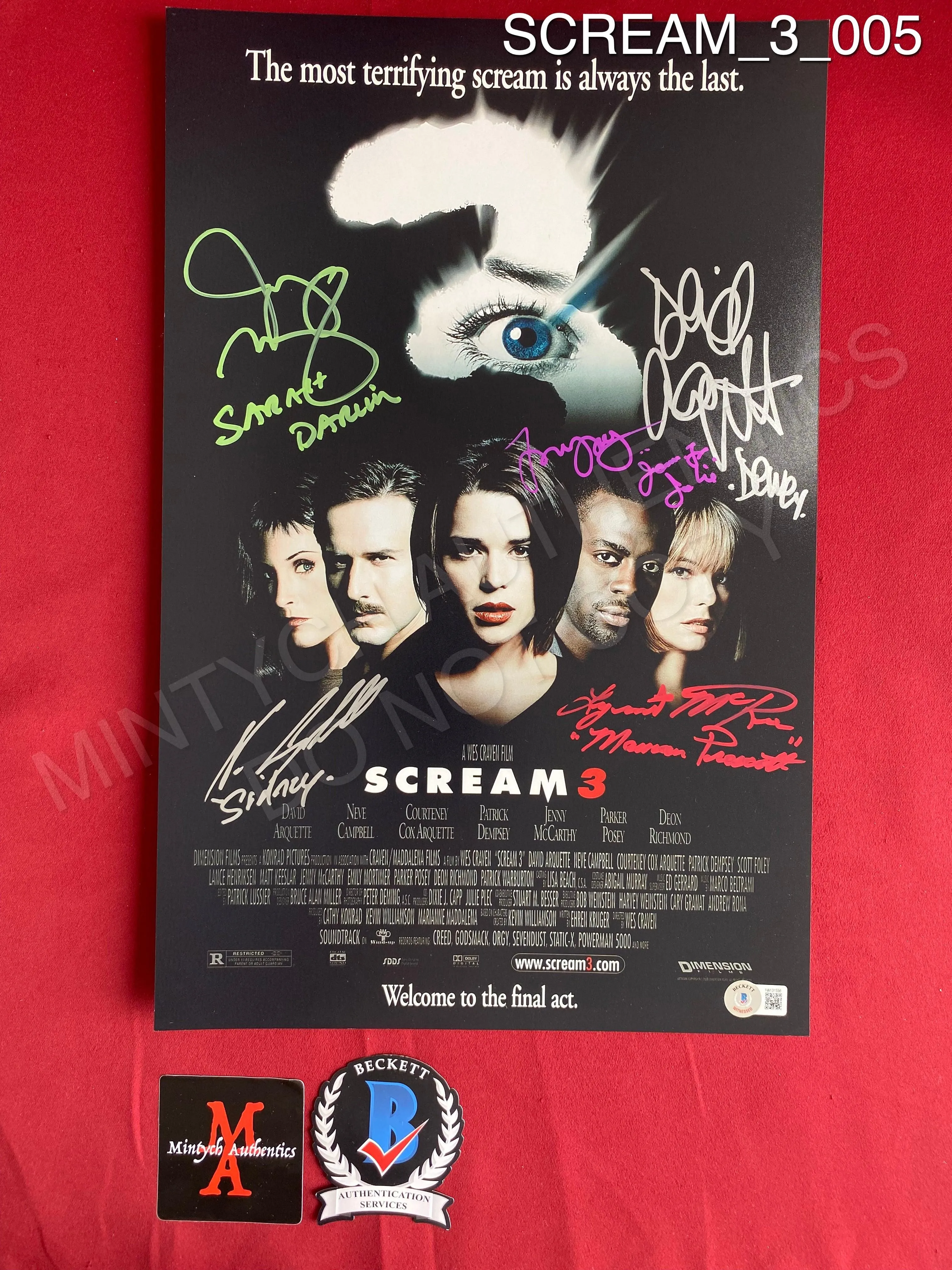 SCREAM_3_005 - 11x17 Scream 3 Photo Autographed By Neve Campbell, Scott Foley, David Arquette, Parker Posey, Jenny McCarthy & Lynn McRee