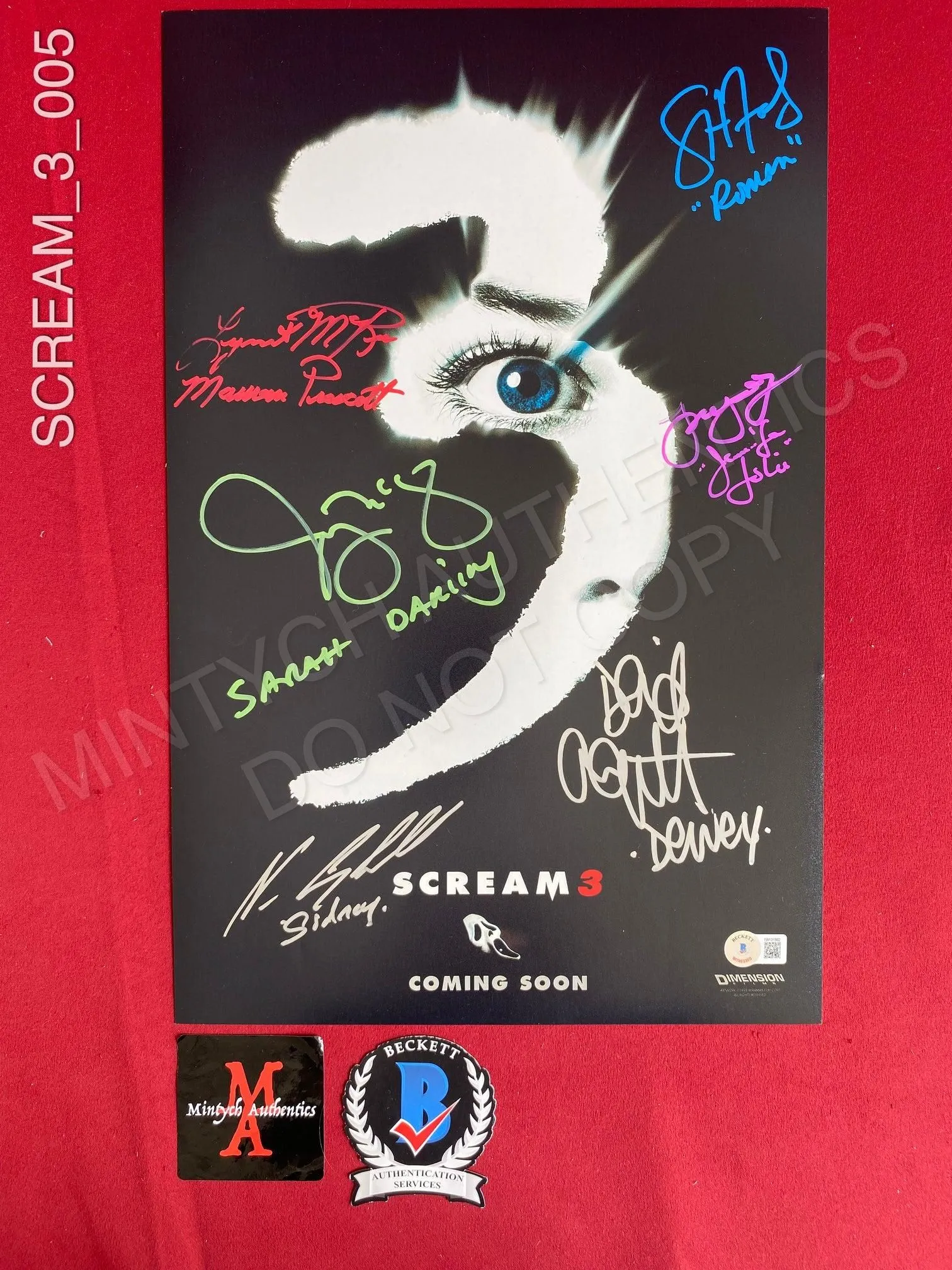 SCREAM_3_005 - 11x17 Scream 3 Photo Autographed By Neve Campbell, Scott Foley, David Arquette, Parker Posey, Jenny McCarthy & Lynn McRee