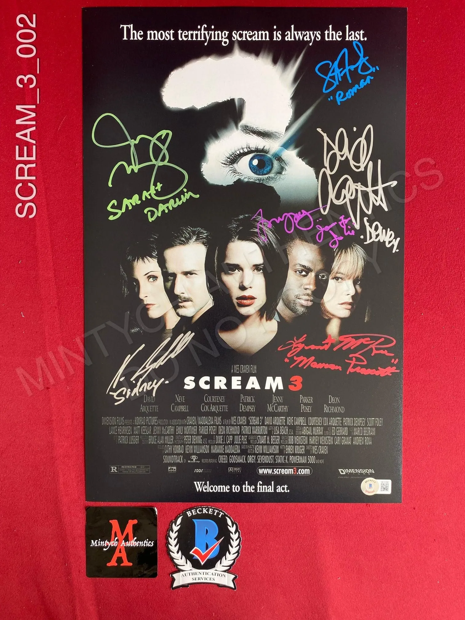 SCREAM_3_002 - 11x17 Scream 3 Photo Autographed By Neve Campbell, Scott Foley, David Arquette, Parker Posey, Jenny McCarthy & Lynn McRee