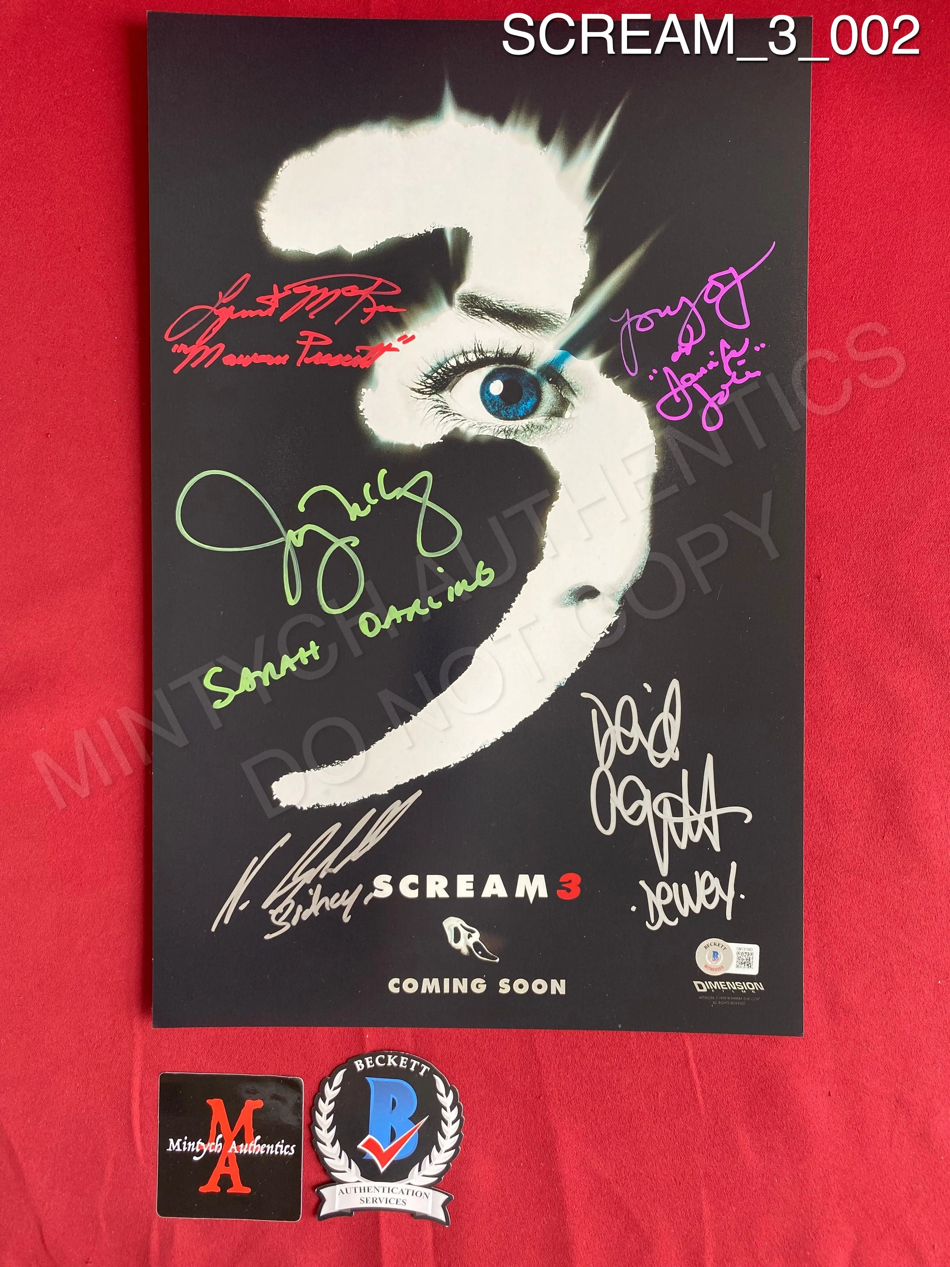SCREAM_3_002 - 11x17 Scream 3 Photo Autographed By Neve Campbell, Scott Foley, David Arquette, Parker Posey, Jenny McCarthy & Lynn McRee