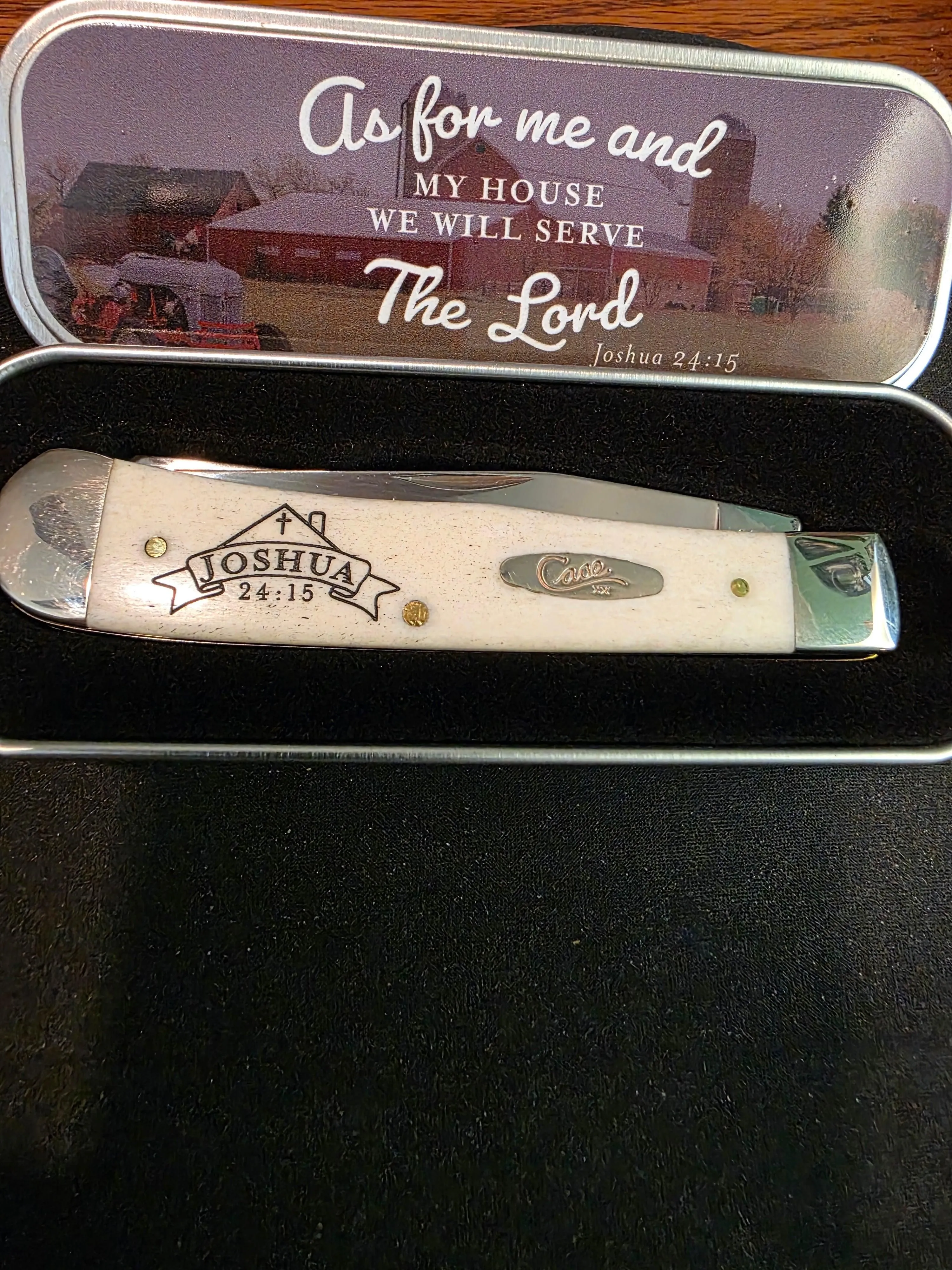 Case Religious Natural Bone Tru-Sharp Steel Trapper Commemorative Tin