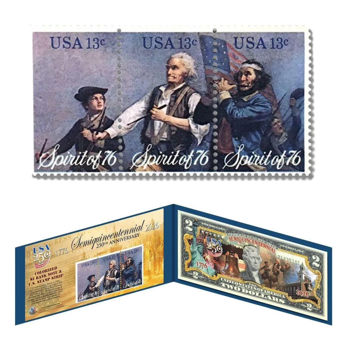 In Stock! 1776-2026 U.S. Genuine Legal Tender $2 Bill 'America's 250th' w/Spirit of '76 Stamp