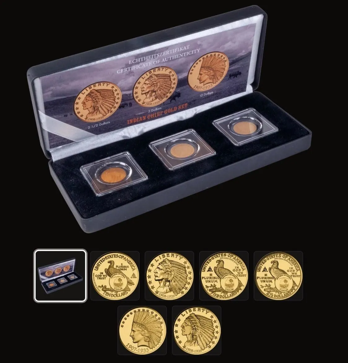 In Stock! Liberia U.S. Indian Head Gold Tribute 3 × 1/1000 oz Gold Coin Set