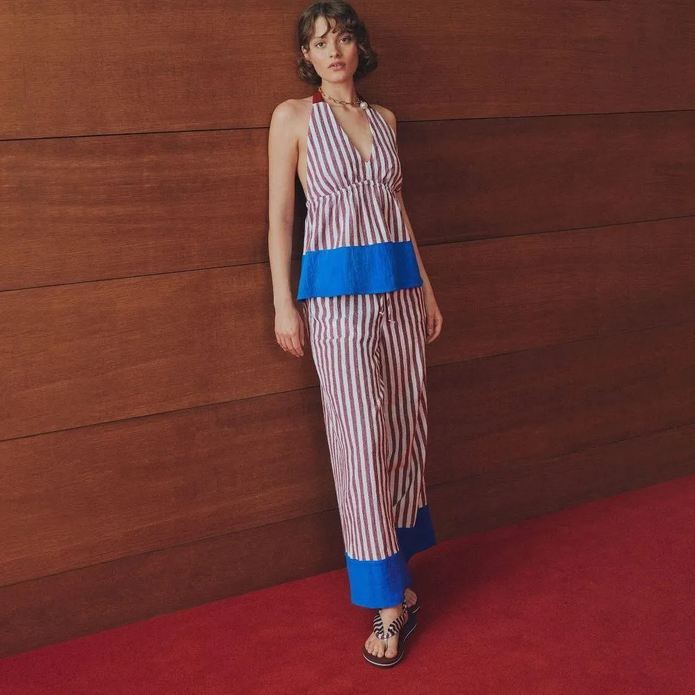 New without Tags - Women's Halter Striped Babydoll Top - Rosie Assoulin Burgundy/Blue XL