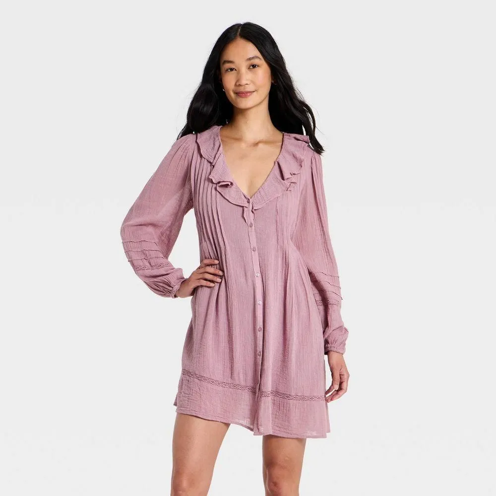 New without Tags - Women's Long Sleeve Ruffle Mini Dress - Universal Thread Mauve L