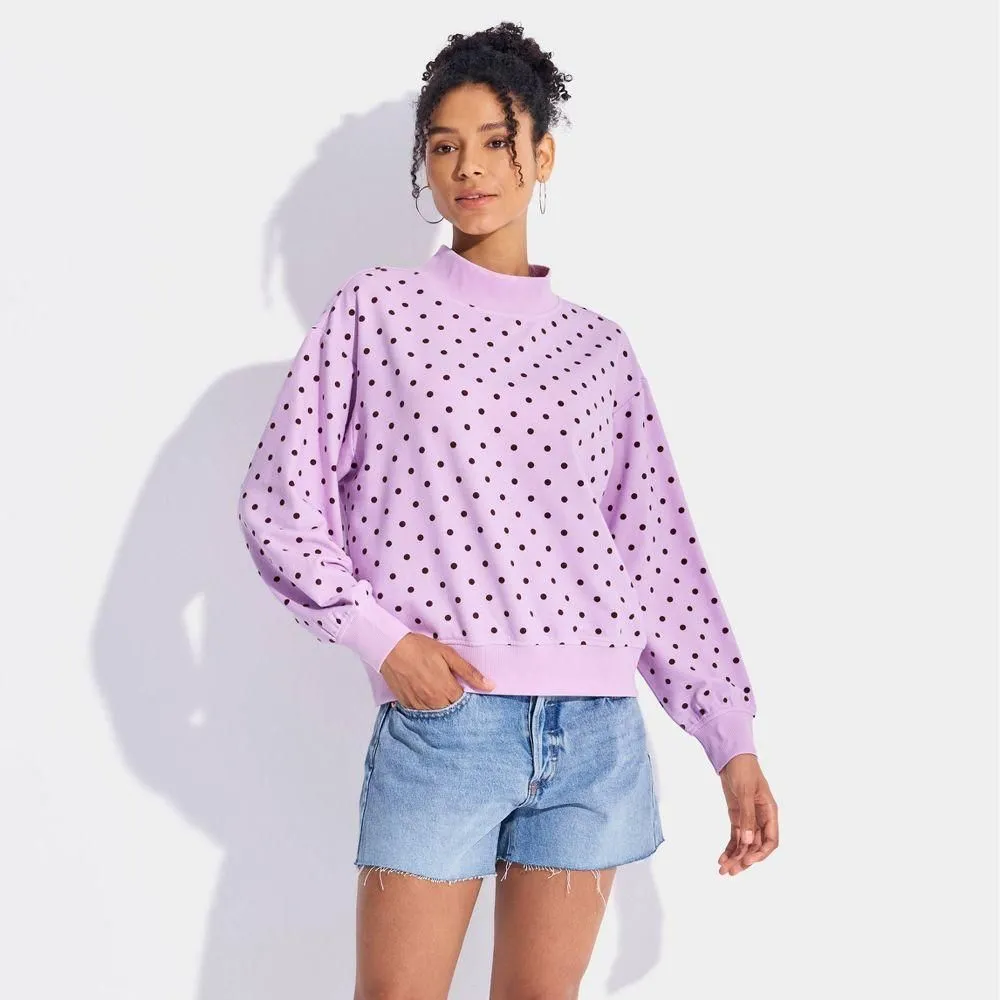 New without Tags - Women's Mock Neck Pullover Sweatshirt - Wild Fable Purple Polka Dots L