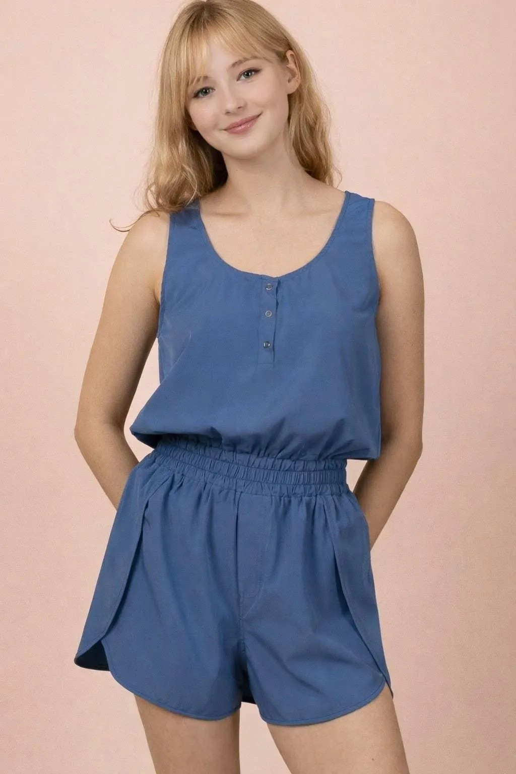Blue Button Down Activewear Romper
