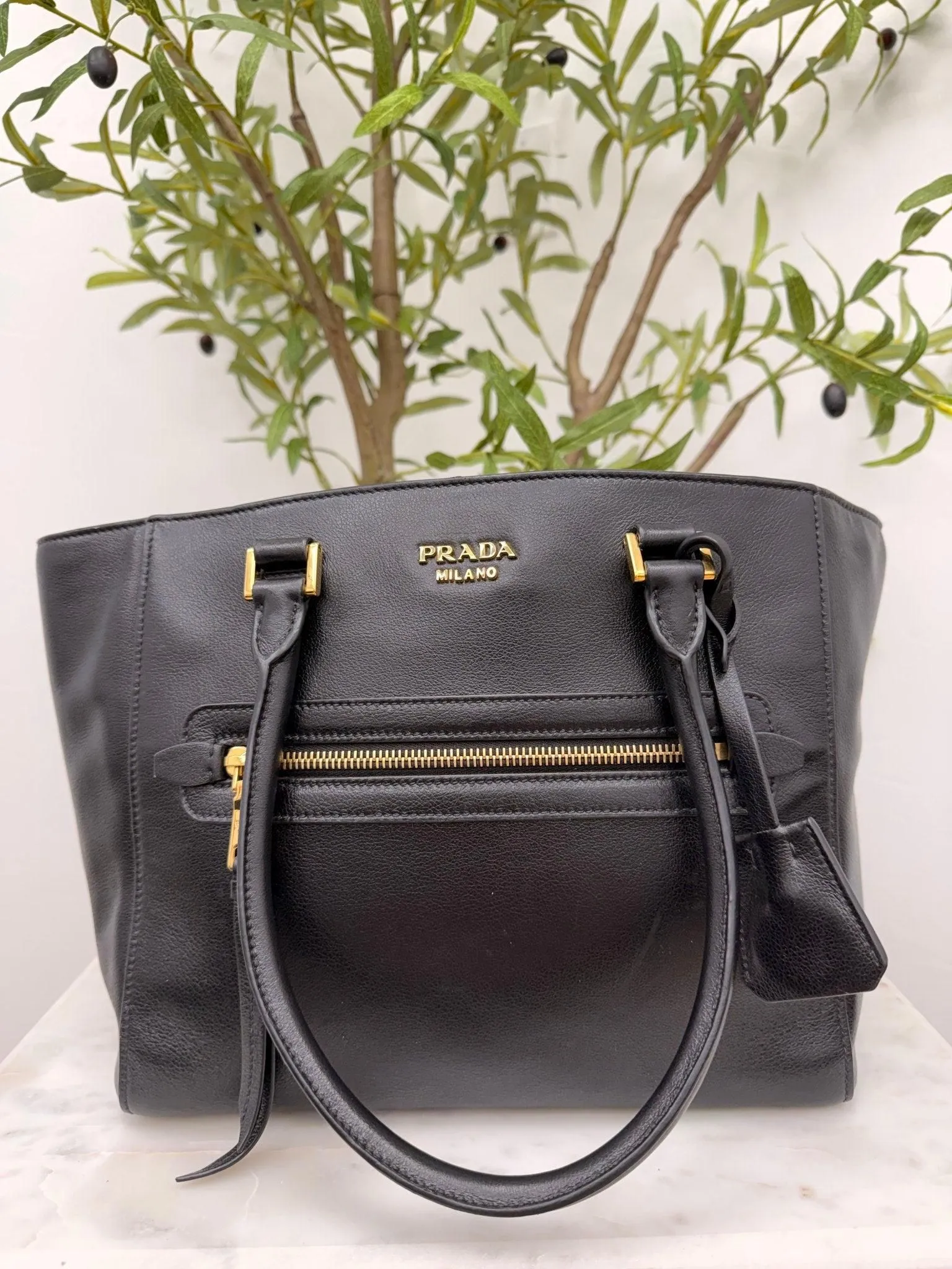 Prada Black Glace Calf Twin Pocket Convertible Tote Bag