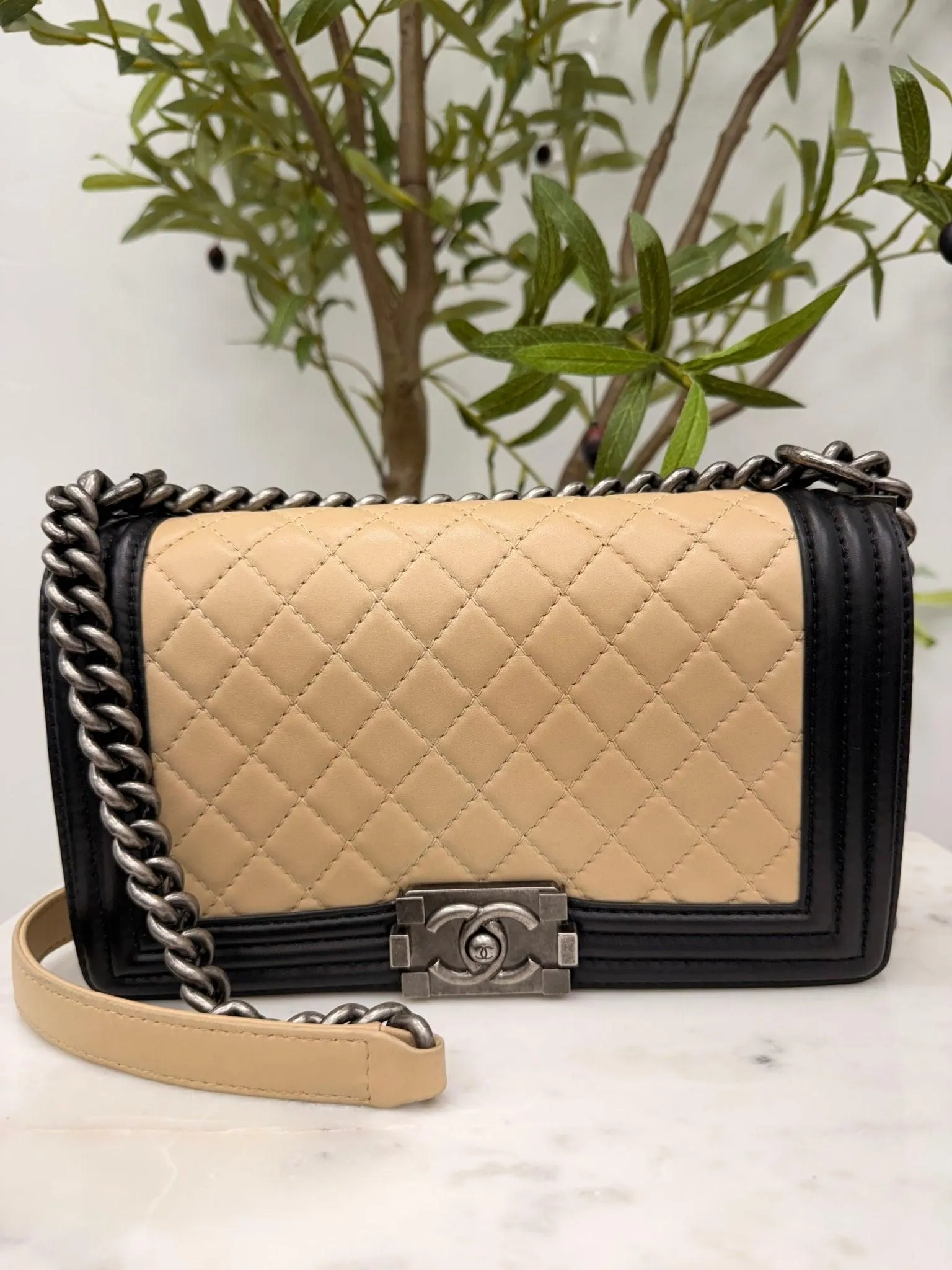 Chanel Nude & Black Quilted Lambskin Medium Boy Flap Bag