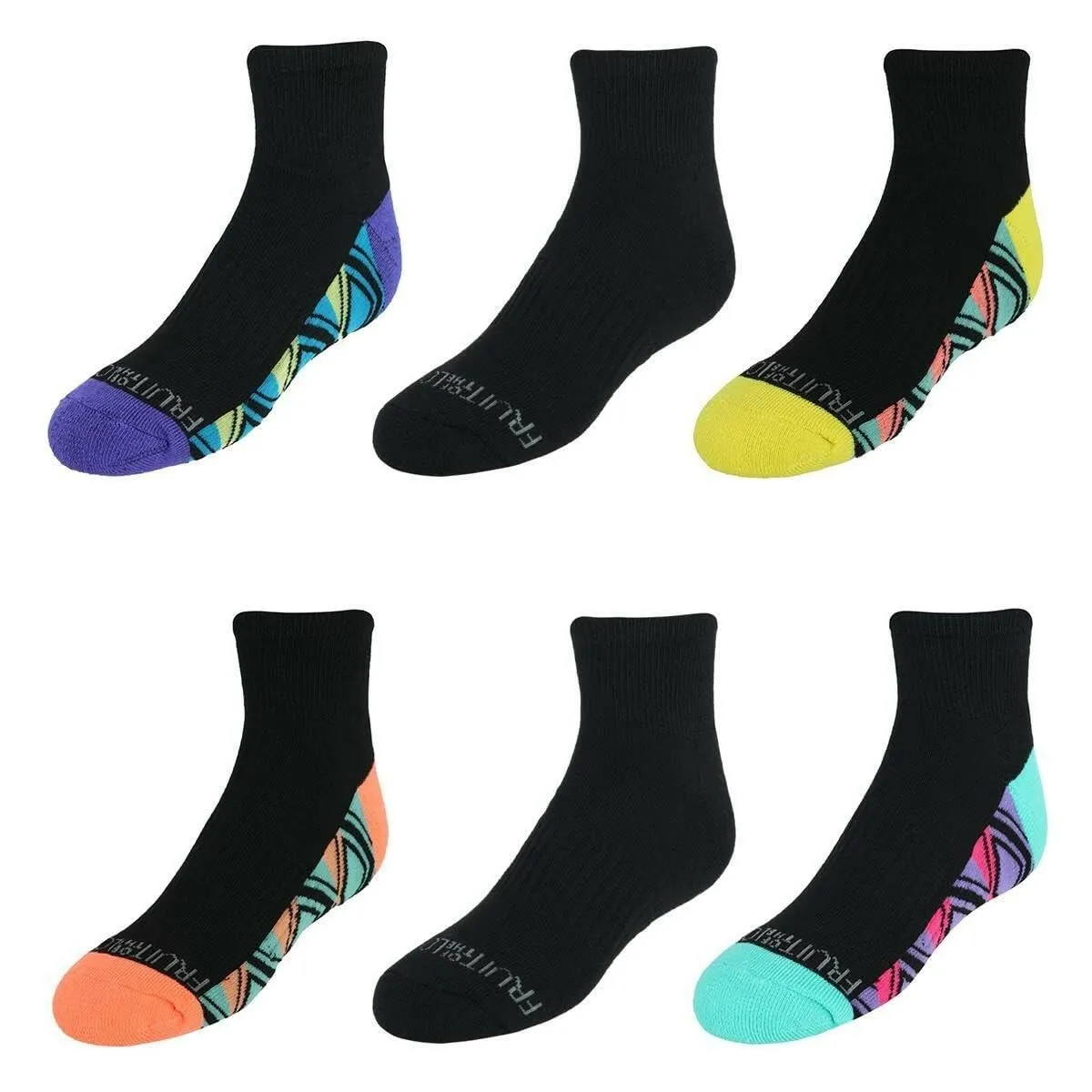 Fruit of the Loom Girl's Active Cushioned Ankle Socks (Pack of 6), 4 to 10 Black