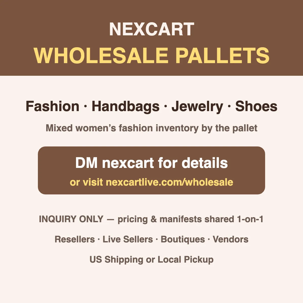 WHOLESALE PALLETS - Fashion, Handbags, Jewelry & Shoes (DM Us for Details)