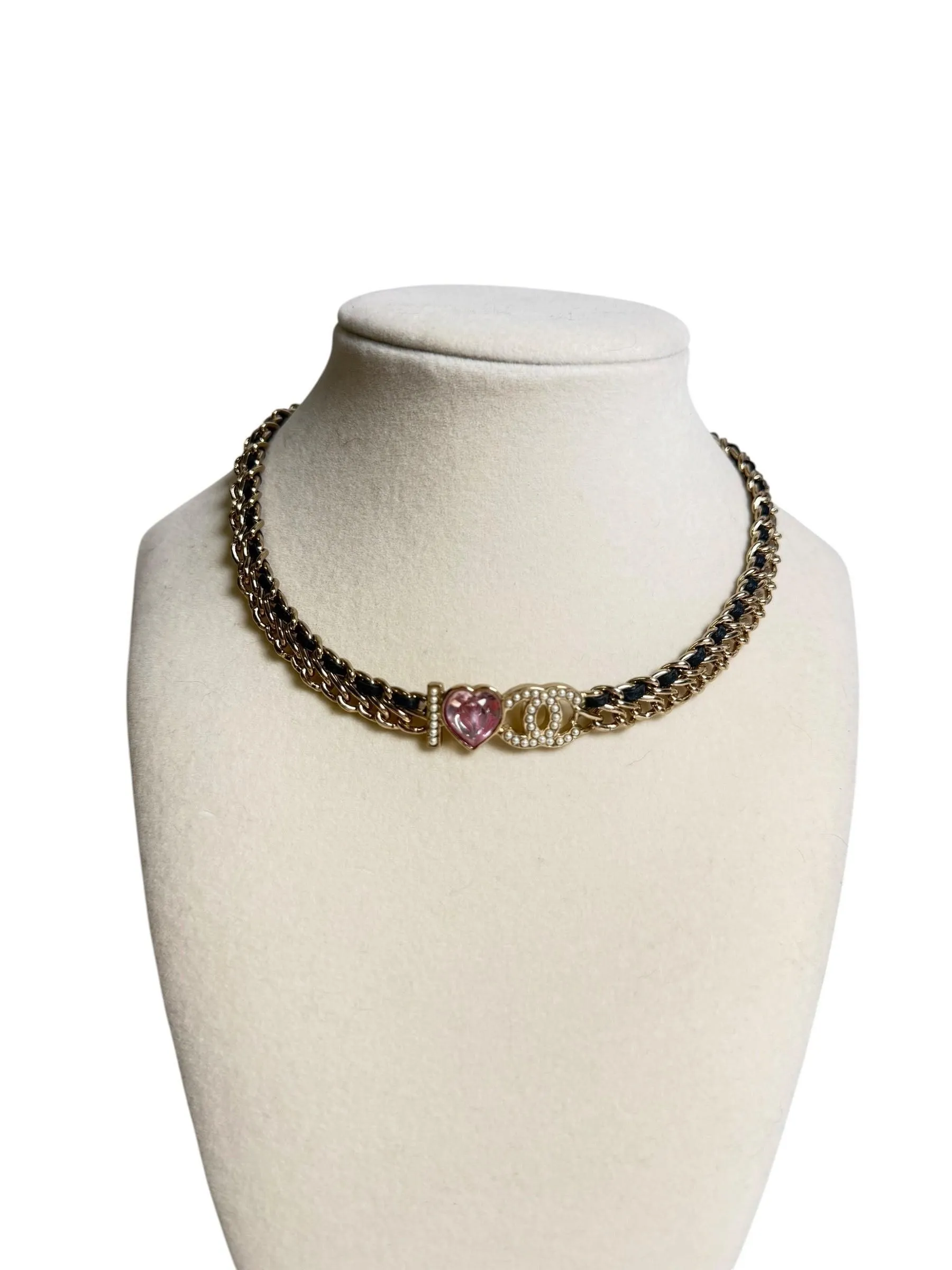Chanel I Love Coco Heart Chain Necklace Gold Black Pink T1256