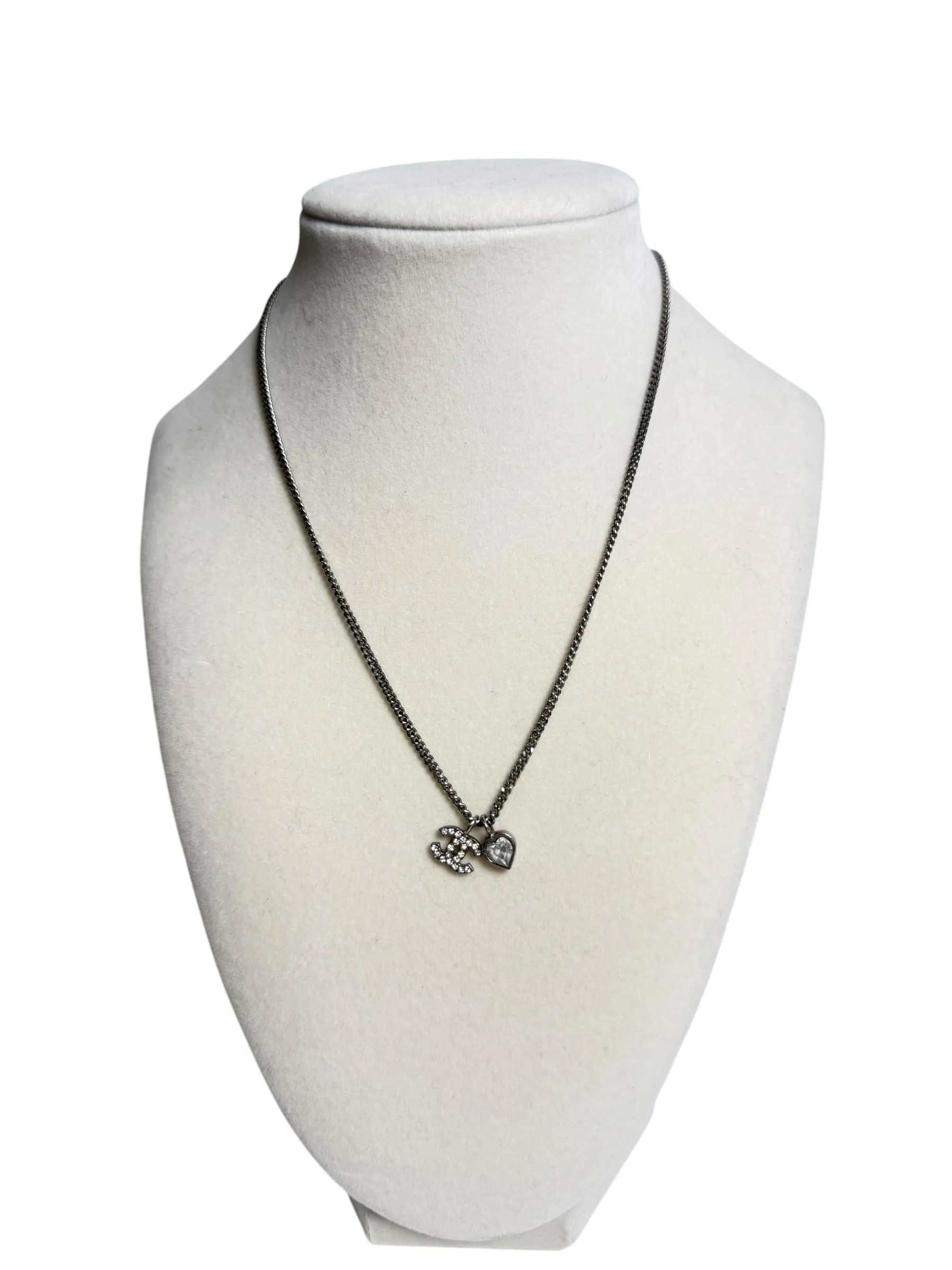 Chanel Crystal CC Heart Charm Necklace Silver T7003