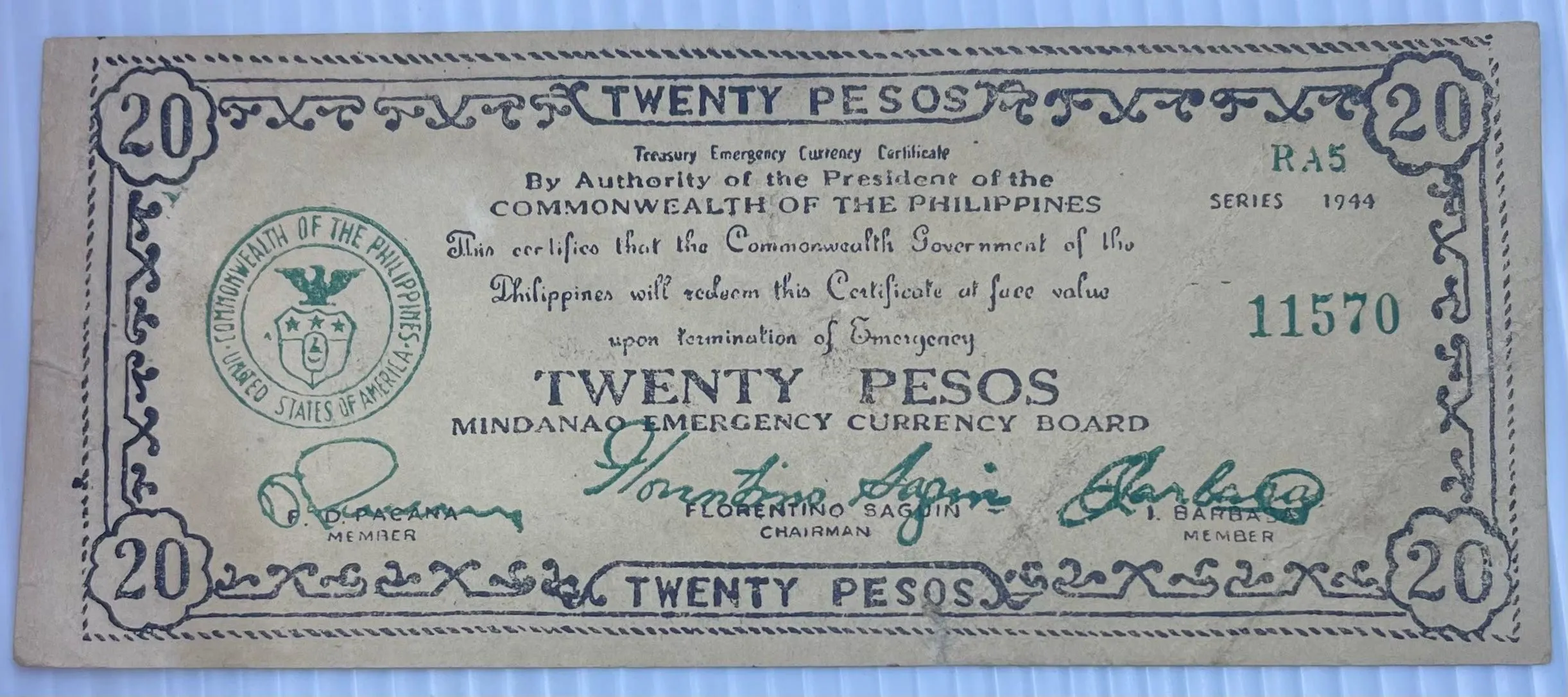 1944 Philippines 20 Pesos WWII Mindanao Guerrilla P-S528c R5 Used Banknote From Lot