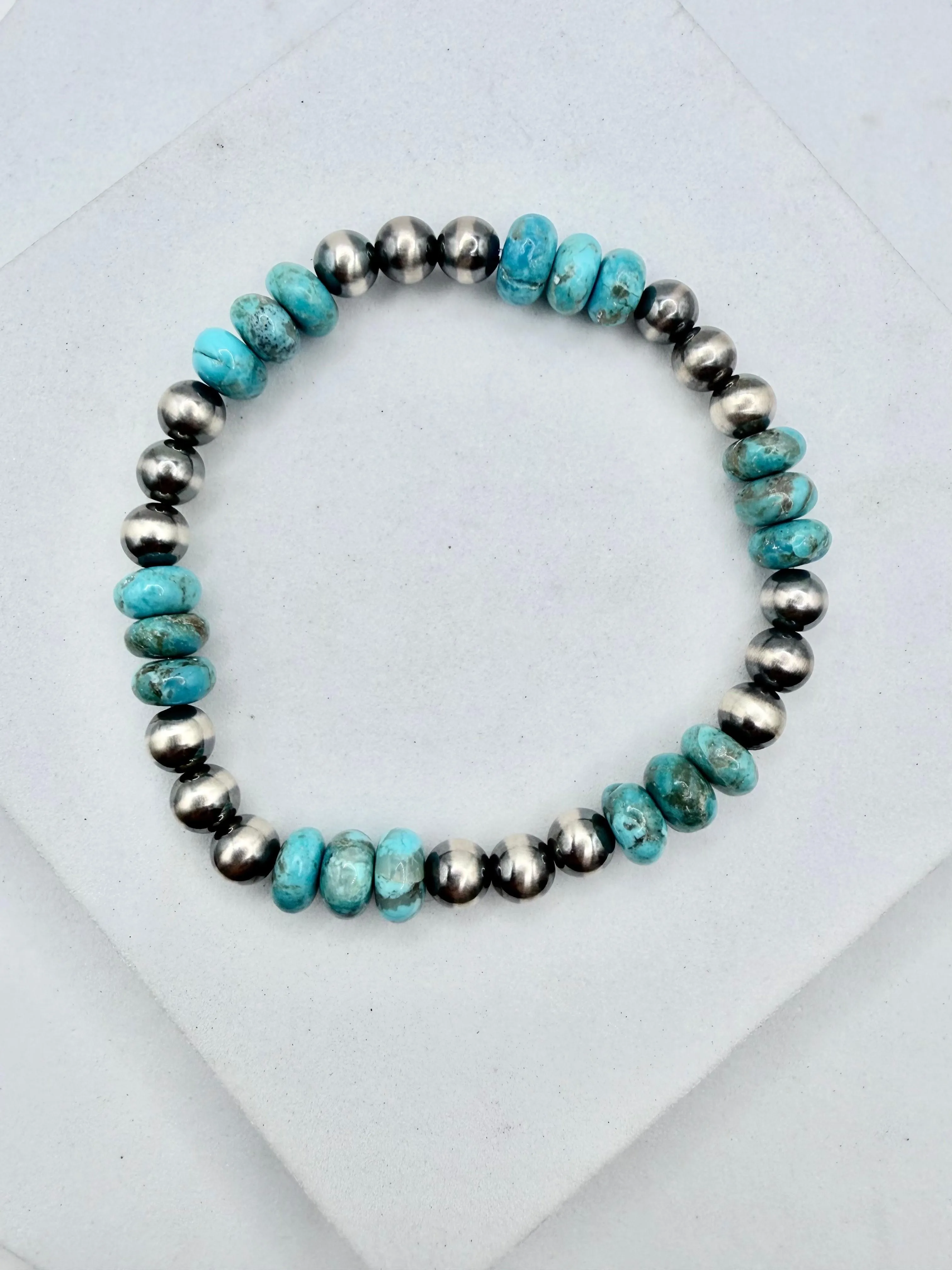 KINGMAN TURQUOISE & 6MM NAVAJO PEARLS STRETCH BRACELETS (CO 131)