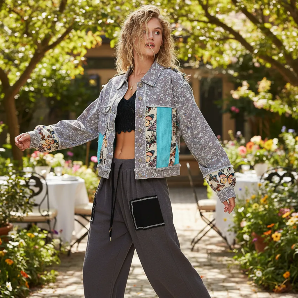 POL Clothing Floral Patchwork Cropped Denim Jacket