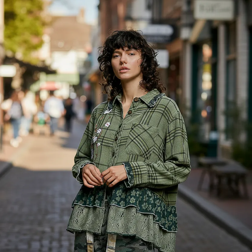 POL Clothing Olive Plaid Patchwork Button-Up Top with Floral Embroidery