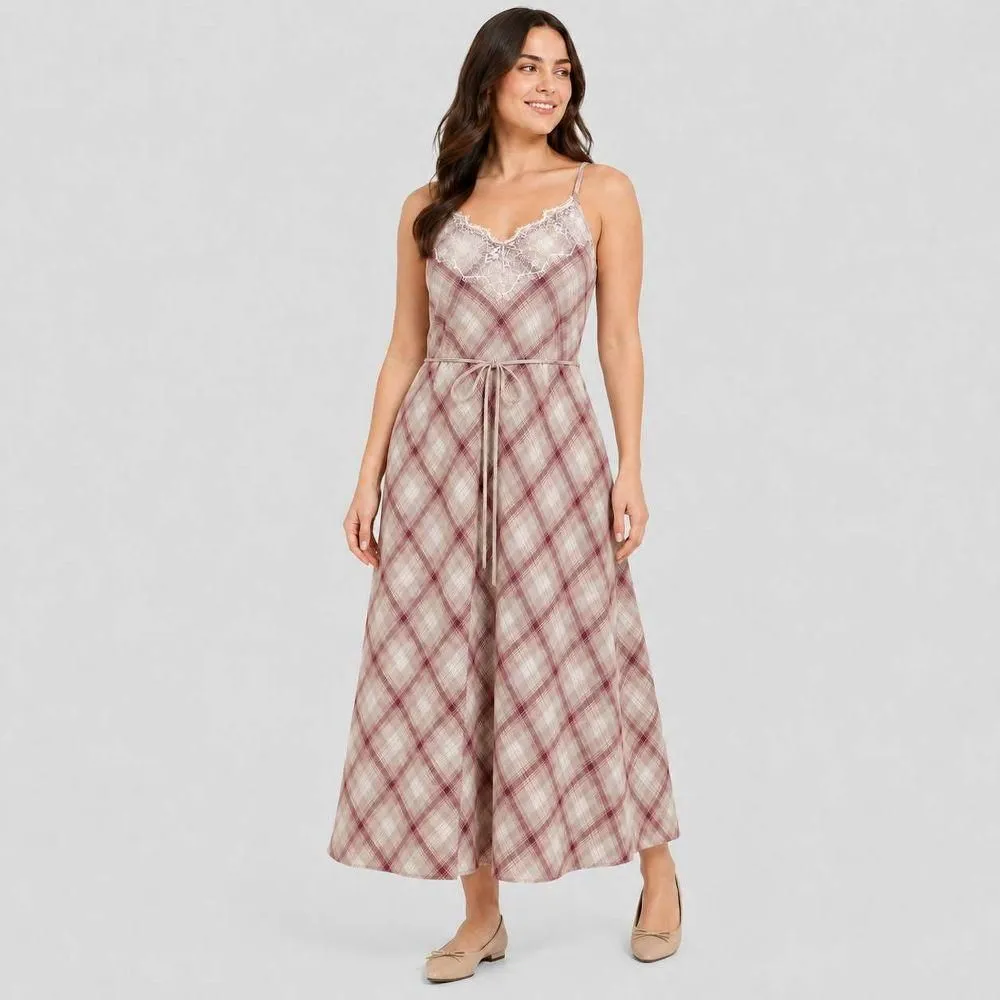 New without Tags - Women's Lace Cotton Maxi Sundress - Universal Thread Mauve Plaid L